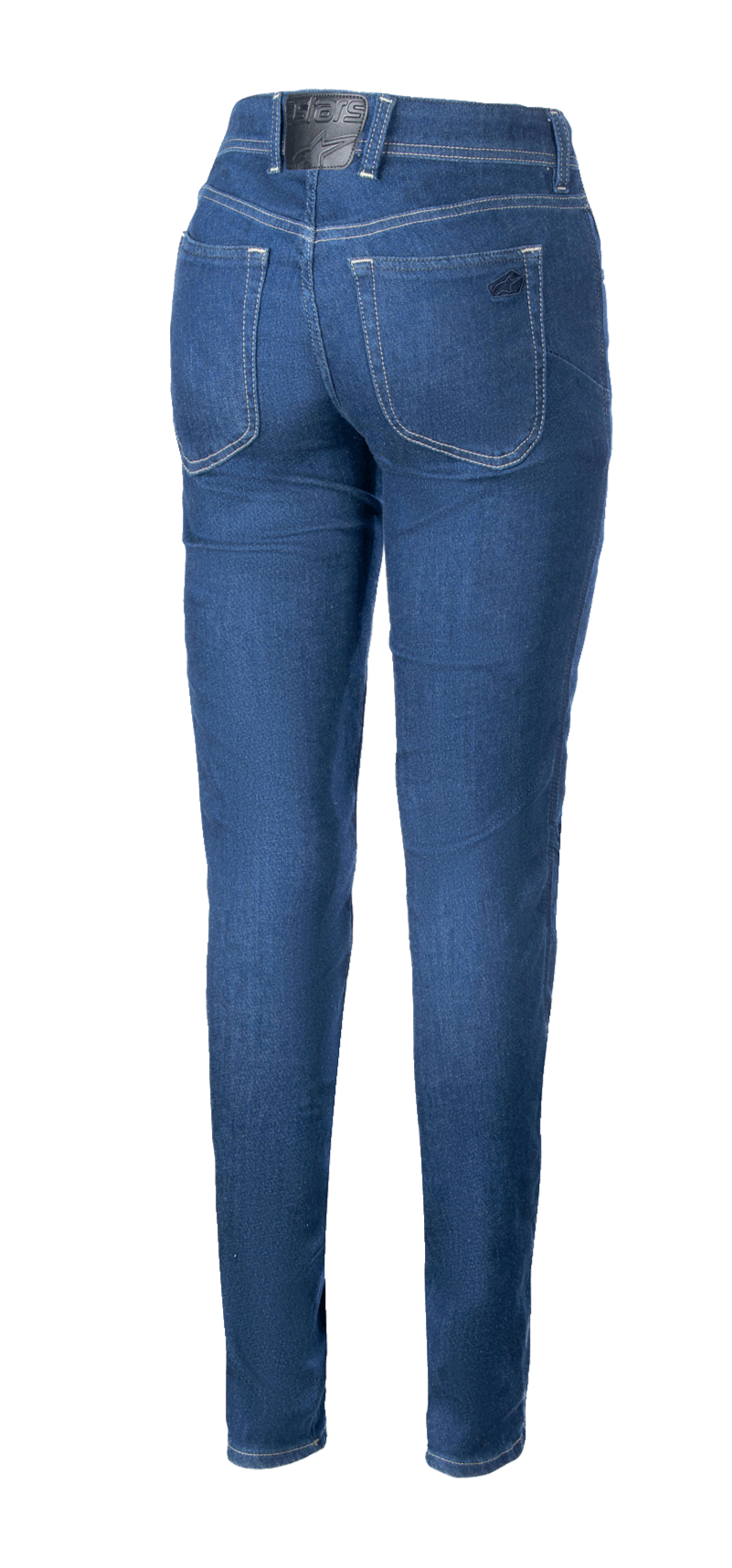 Alpinestars Daisy V3, damskie jeansy motocyklowe, Rinse Blue, widok z tyłu prezentujący dopasowany krój, dwie tylne kieszenie i czarną naszywkę z logo na pasku, miejska odzież motocyklowa w stylu casual