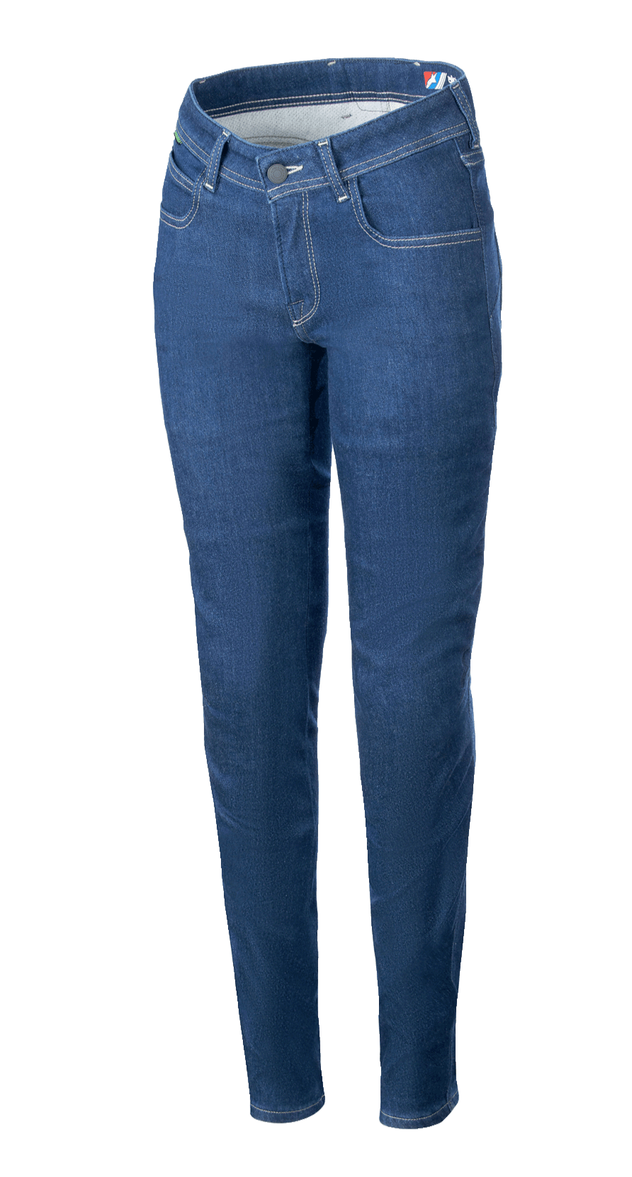 Alpinestars Daisy V3 Women's Riding Denim, damskie jeansy motocyklowe w kolorze Rinse Blue, krój slim fit, klasyczny design z pięcioma kieszeniami, kontrastowe przeszycia, wysoki stan i zwężane nogawki