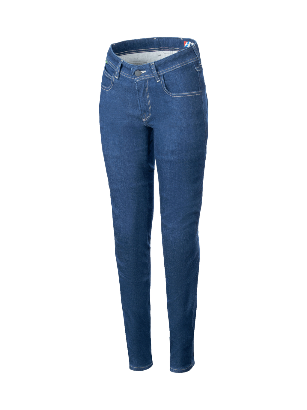 Alpinestars Jeansy Moto Daisy V3, damskie spodnie motocyklowe urban, niebieskie, krój slim fit z elastycznego materiału, certyfikat CE oraz ochraniacze Nucleon Flex Plus.