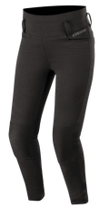 Alpinestars Banshee, damskie legginsy motocyklowe, czarne, dopasowane legginsy do jazdy ze wzmocnionymi prążkowanymi panelami na kolanach, szlufkami na pasek i wysokim stanem, smukły sportowy wygląd do miejskiej jazdy szosowej