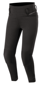 Alpinestars Banshee, damskie legginsy motocyklowe, czarne, dopasowane legginsy do jazdy ze wzmocnionymi prążkowanymi panelami na kolanach, szlufkami na pasek i wysokim stanem, smukły sportowy wygląd do miejskiej jazdy szosowej