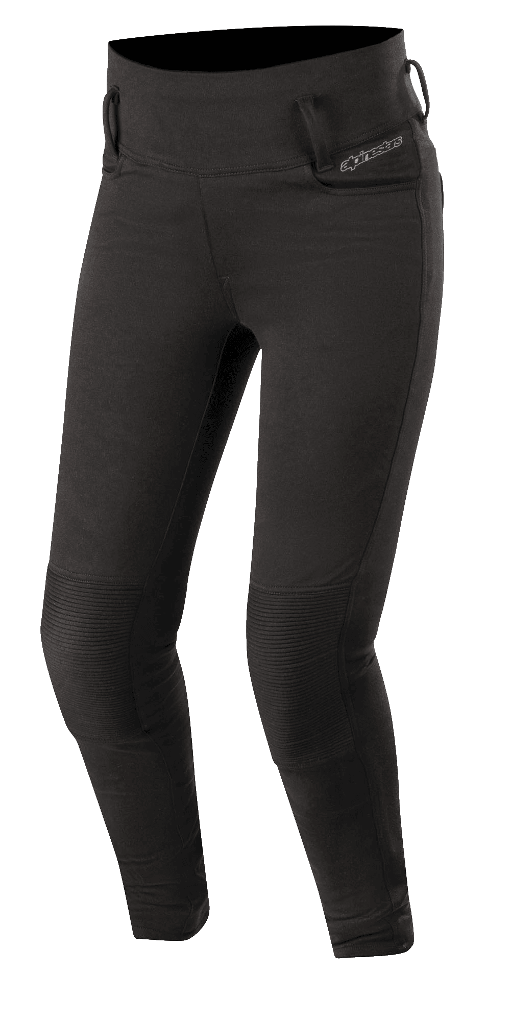 Alpinestars Banshee, damskie legginsy motocyklowe, czarne, dopasowane legginsy do jazdy ze wzmocnionymi prążkowanymi panelami na kolanach, szlufkami na pasek i wysokim stanem, smukły sportowy wygląd do miejskiej jazdy szosowej