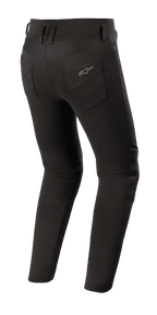 Legginsy damskie Alpinestars Banshee, czarne legginsy motocyklowe, widok z tyłu ukazujący dopasowany krój, tylne kieszenie z logo Alpinestars, anatomiczny elastyczny materiał do jazdy miejskiej