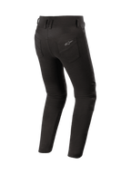 Alpinestars legginsy Banshee, damskie spodnie motocyklowe, czarne, aramidowa podszewka, panele akordeonowe na kolanach, certyfikat CE, widok z tyłu.