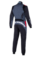 Alpinestars KMX-9 V3 Graphic 6 Suit, szaro-czarny kombinezon kartingowy z czerwonymi akcentami, widok z tyłu z graficznym wzorem na plecach, wyraźne białe logo Alpinestars w dolnej części pleców oraz ergonomiczne panele dla lepszej wydajności w sportach motorowych.