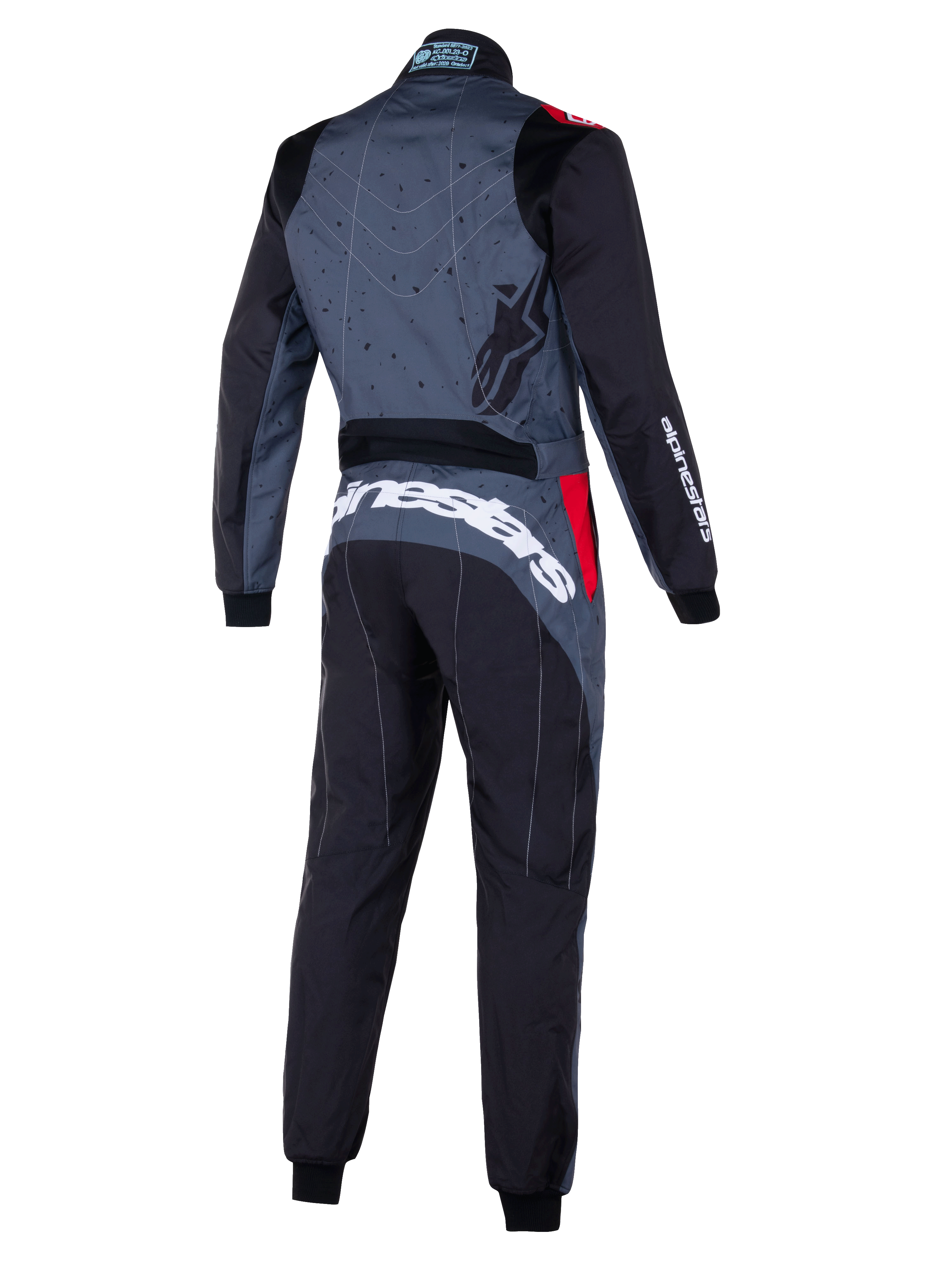 Alpinestars KMX-9 V3 Graphic 6 Suit, szaro-czarny kombinezon kartingowy z czerwonymi akcentami, widok z tyłu z graficznym wzorem na plecach, wyraźne białe logo Alpinestars w dolnej części pleców oraz ergonomiczne panele dla lepszej wydajności w sportach motorowych.