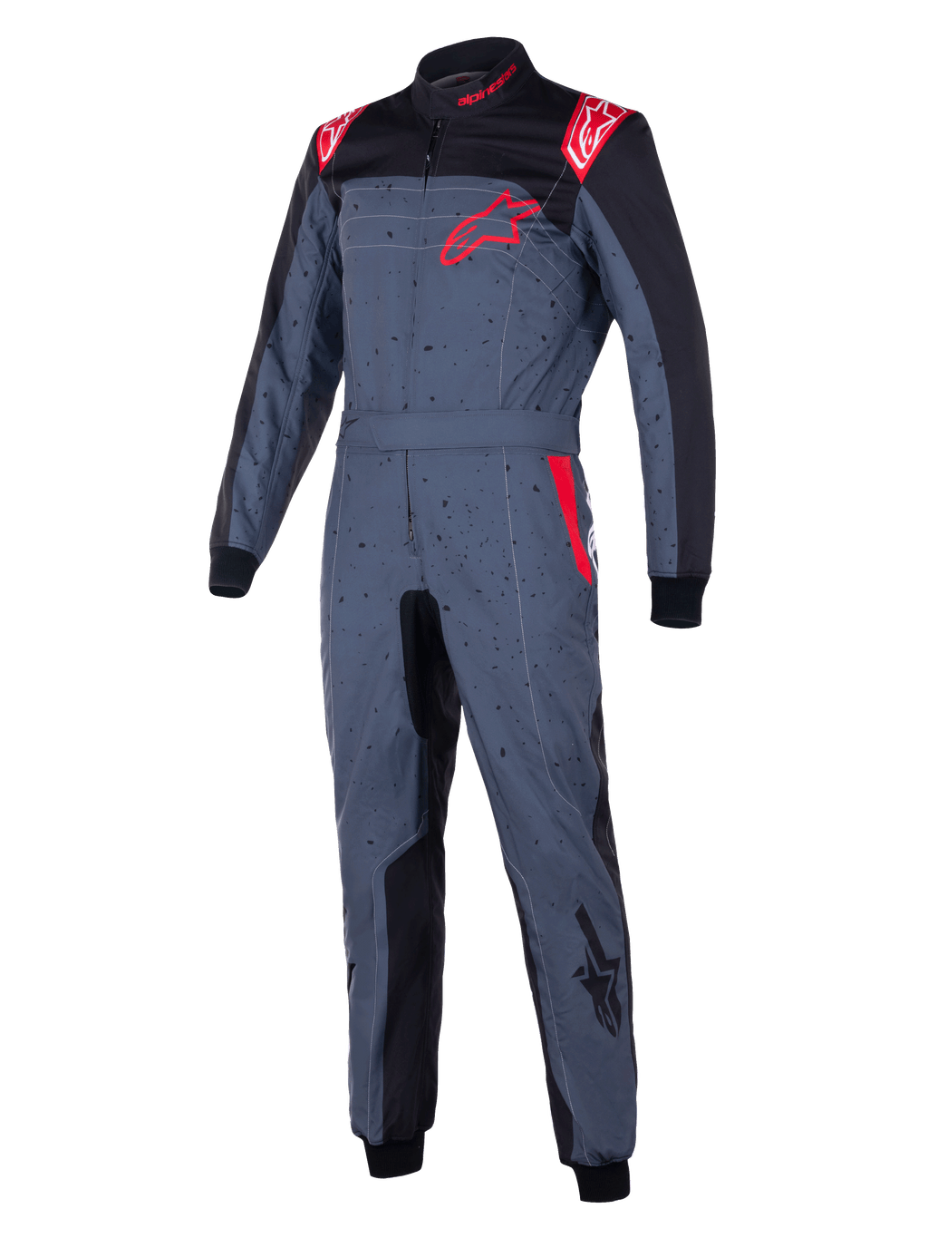 Kombinezon Alpinestars KMX-9 V3 Graphic 6, kombinezon kartingowy, szary antracytowy z czarnymi i czerwonymi akcentami, nakrapiany wzór graficzny, czerwone logo gwiazdy na piersi, czarne panele wewnętrzne i czerwone detale na ramionach, profesjonalna odzież wyścigowa do sportów motorowych