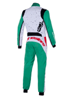 Alpinestars KMX-9 V3 Graphic 6 Suit, kombinezon kartingowy, biały, zielony i czerwony, widok z tyłu, nakrapiany wzór graficzny w górnej części pleców, zielone nogawki i rękawy, wyraziste czerwone logo w dolnej części pleców, czarne elastyczne panele