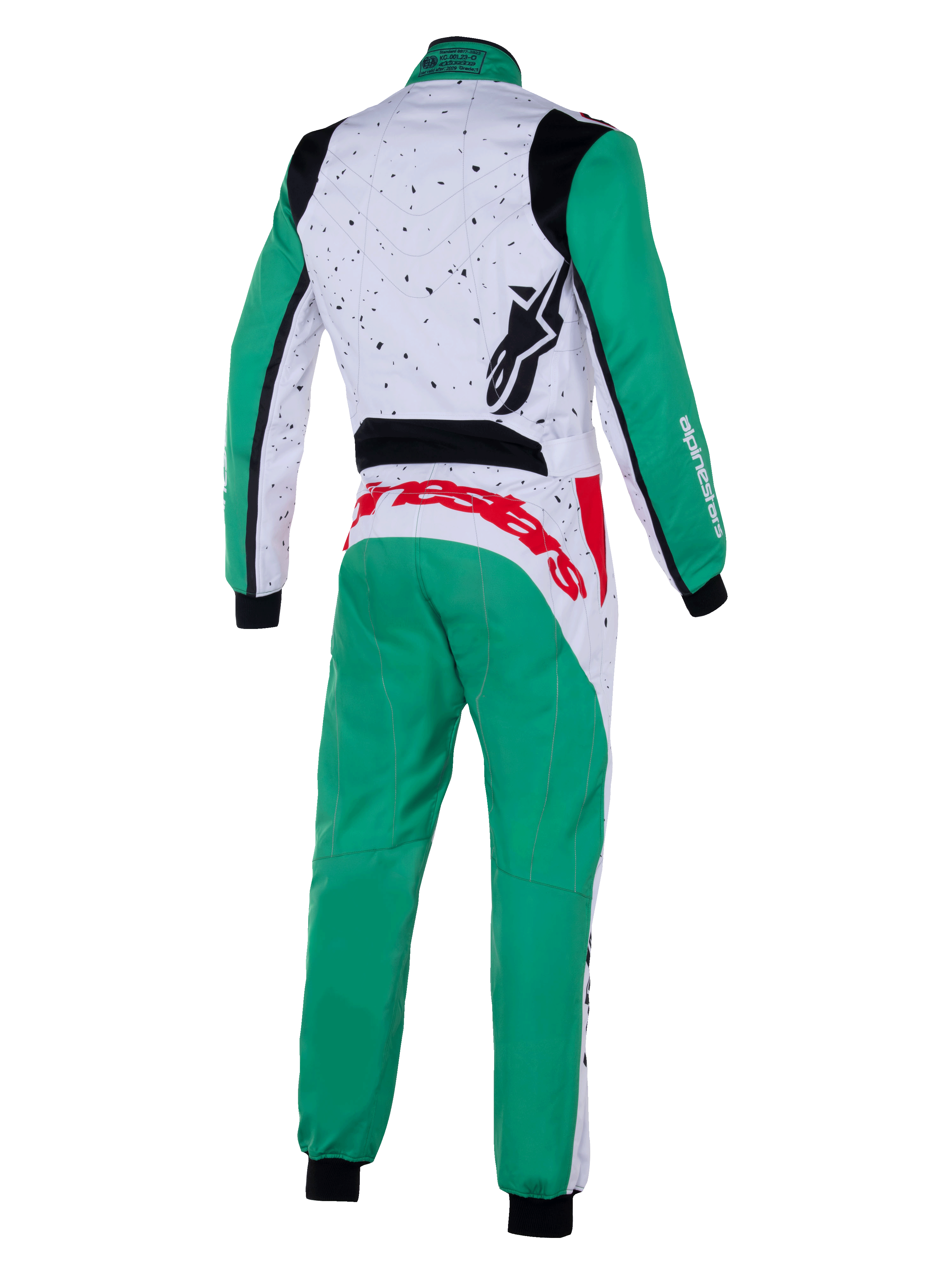 Alpinestars KMX-9 V3 Graphic 6 Suit, kombinezon kartingowy, biały, zielony i czerwony, widok z tyłu, nakrapiany wzór graficzny w górnej części pleców, zielone nogawki i rękawy, wyraziste czerwone logo w dolnej części pleców, czarne elastyczne panele