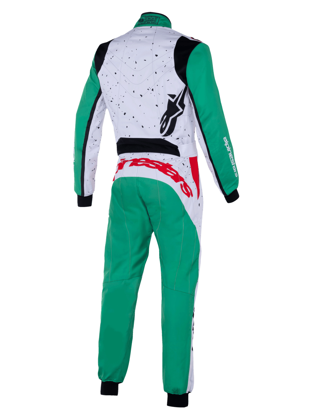 Alpinestars Youth KMX-9 V3 Graphic 6 Suit, kombinezon kartingowy, biało-zielono-czerwony, widok z tyłu, zielone rękawy i spodnie, biała górna część pleców z czarną nakrapianą grafiką, czerwone logo Alpinestars w pasie, czarne logo na ramieniu, profesjonalna odzież kartingowa