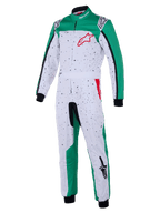Alpinestars KMX-9 V3 Graphic 6 Suit, kombinezon kartingowy, biało-zielono-czerwony, biały korpus z czarną nakrapianą grafiką, zielone panele boczne na nogawkach i ramionach, czerwone logo Alpinestars na klatce piersiowej, czarne ściągacze na nadgarstkach i kostkach