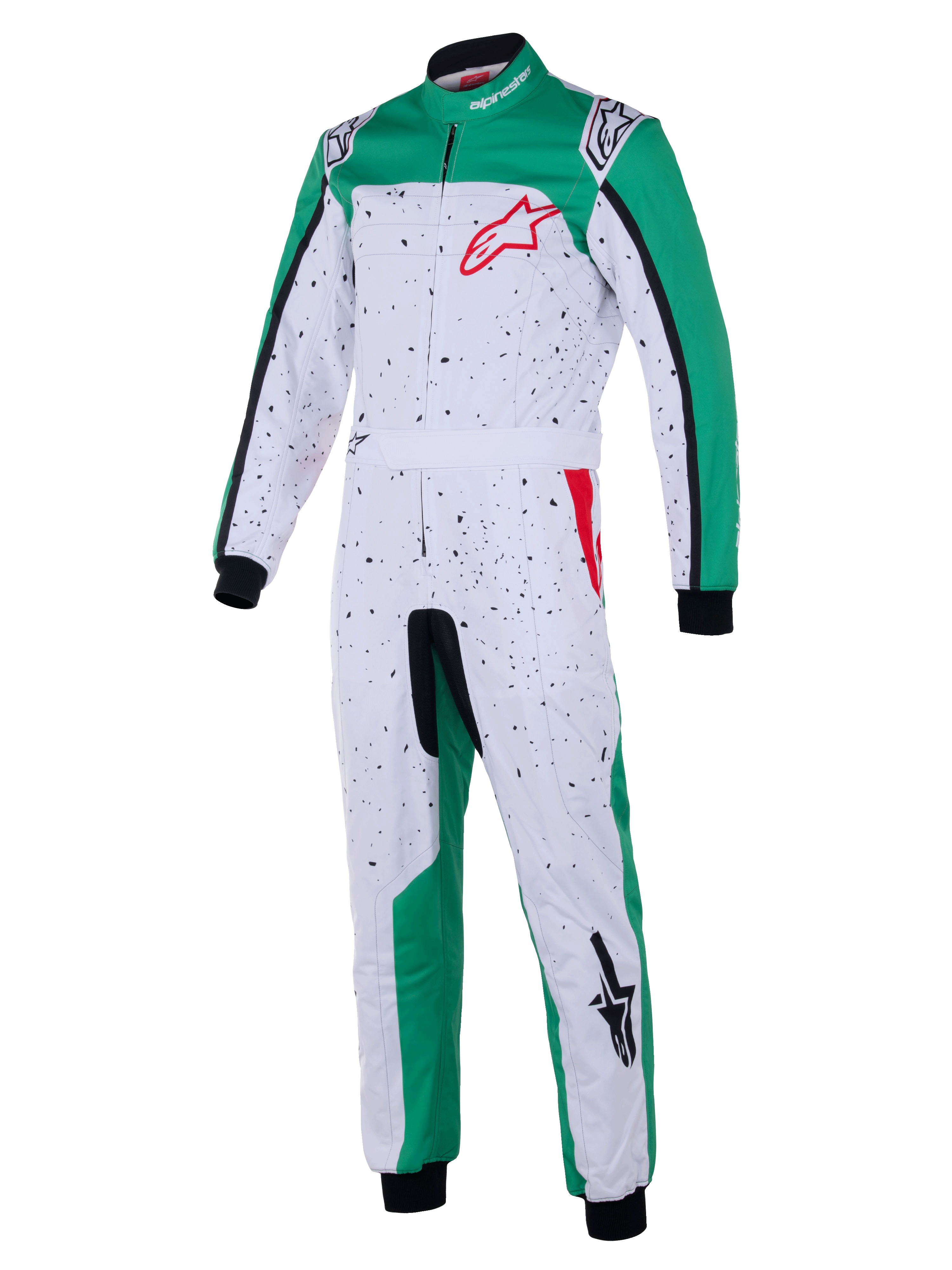Alpinestars KMX-9 V3 Graphic 6 Suit, kombinezon kartingowy, biało-zielono-czerwony, biały korpus z czarną nakrapianą grafiką, zielone panele boczne na nogawkach i ramionach, czerwone logo Alpinestars na klatce piersiowej, czarne ściągacze na nadgarstkach i kostkach