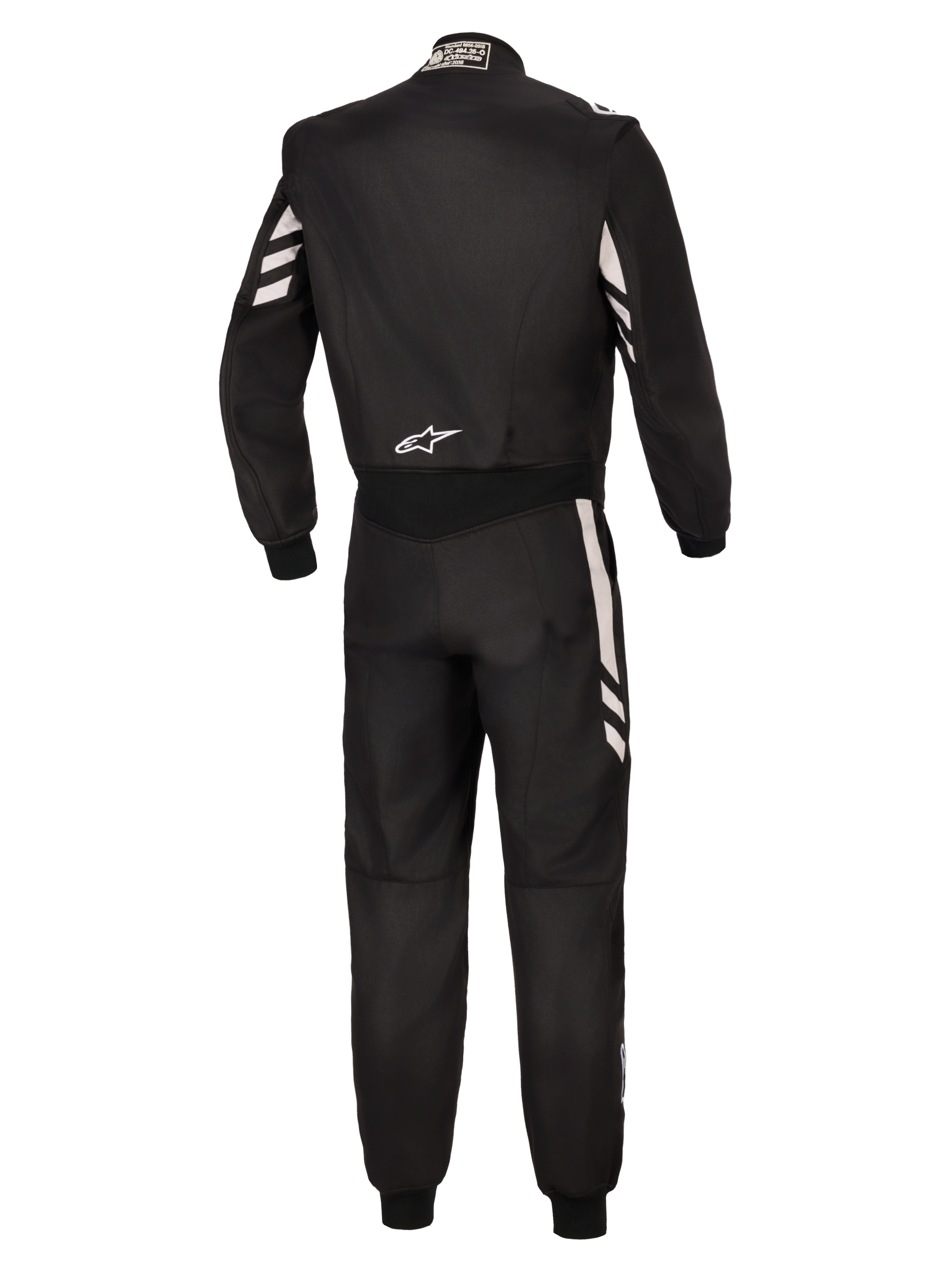 Alpinestars GP Race V3 Suit FIA, widok z tyłu czarnego jednoczęściowego kombinezonu samochodowego ze srebrnymi akcentami na rękawach i nogawkach, białe logo Alpinestars na dolnej części pleców, profesjonalny sprzęt do sportów motorowych z certyfikatem FIA.
