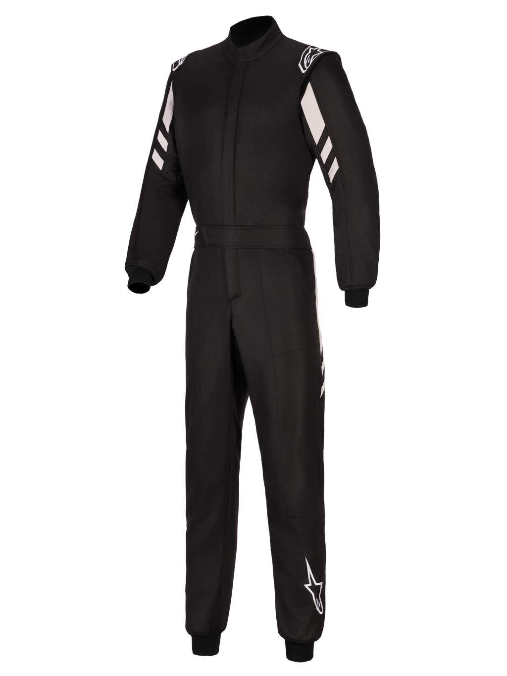 Alpinestars GP Race V3 Suit FIA, samochodowy kombinezon wyścigowy, czarno-srebrny, dwuwarstwowa konstrukcja, białe ukośne pasy na rękawach, logo Alpinestars na barkach i dolnej części nogawki, ściągacze oraz pasek w talii