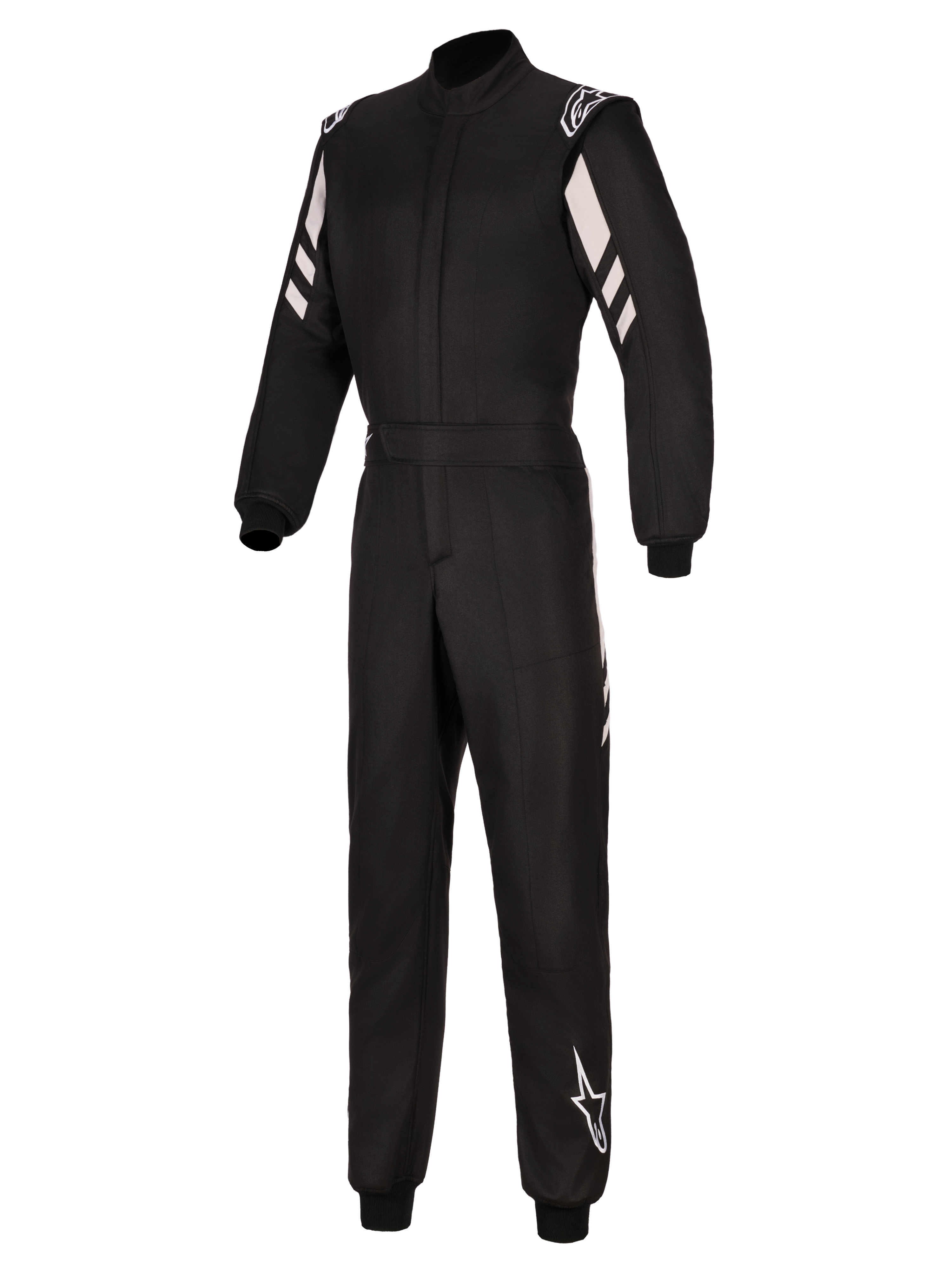 Alpinestars GP Race V3 Suit FIA, samochodowy kombinezon wyścigowy, czarno-srebrny, dwuwarstwowa konstrukcja, białe ukośne pasy na rękawach, logo Alpinestars na barkach i dolnej części nogawki, ściągacze oraz pasek w talii