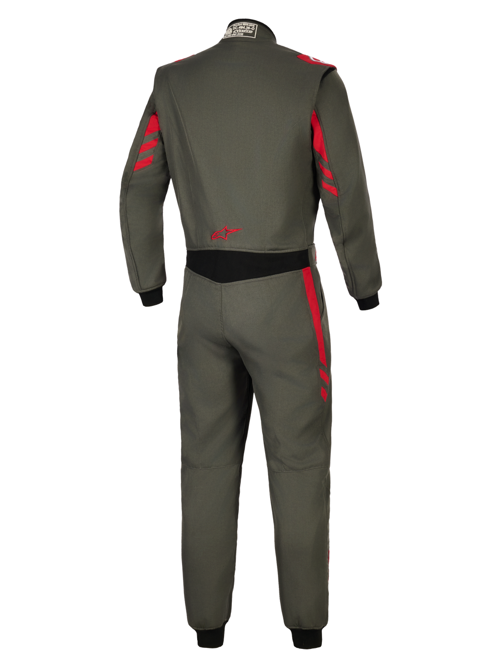 Alpinestars GP Race V3 Suit FIA, kombinezon samochodowy, Anthracite Red, widok z tyłu przedstawiający ciemnoszarą tkaninę z czerwonymi akcentami na ramionach i rękawach, czarny elastyczny panel w pasie, czerwone logo gwiazdy w dolnej części pleców, profesjonalna ochrona w sportach motorowych