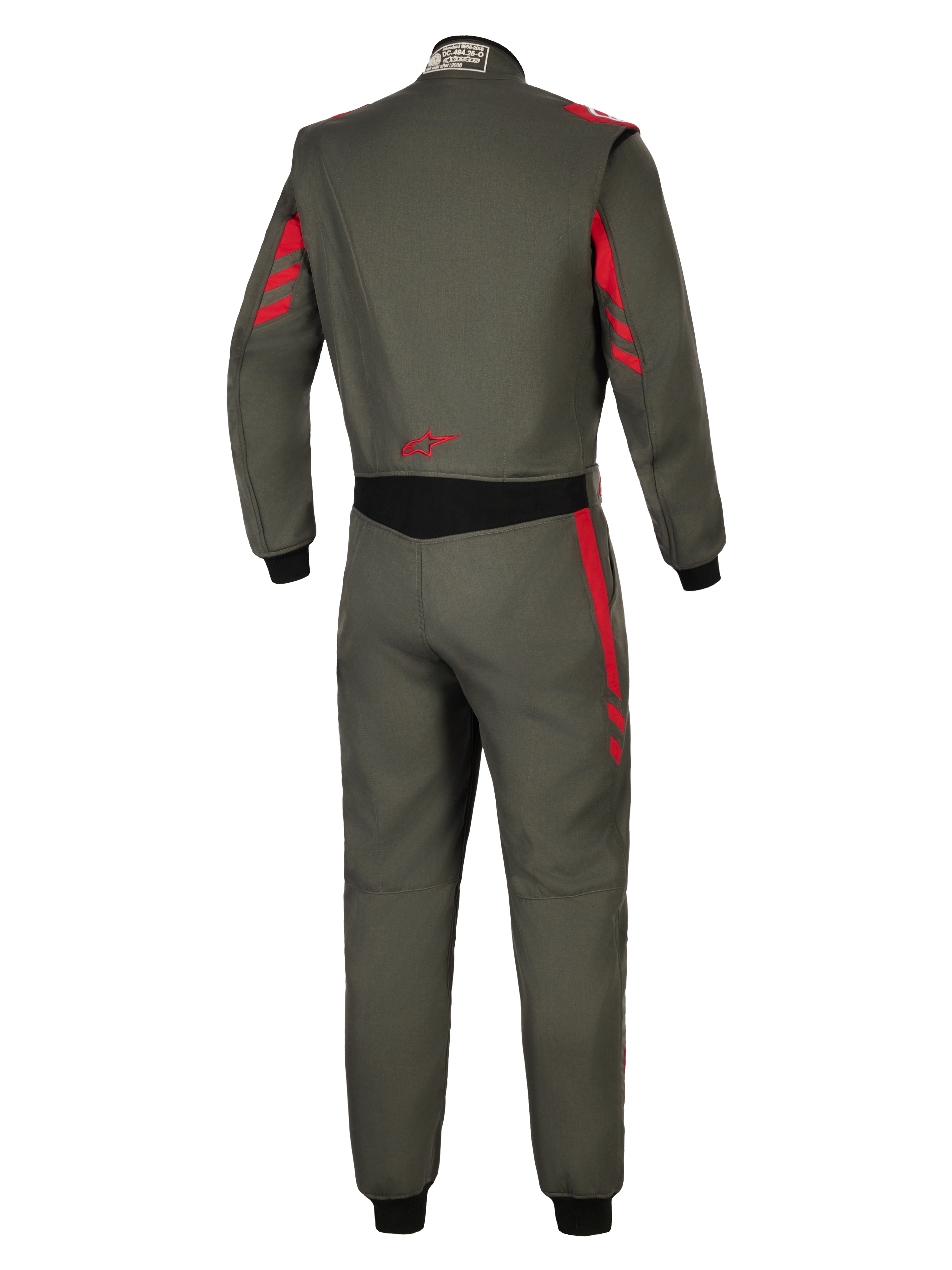 Alpinestars GP Race V3 Suit FIA, kombinezon samochodowy, Anthracite Red, widok z tyłu przedstawiający ciemnoszarą tkaninę z czerwonymi akcentami na ramionach i rękawach, czarny elastyczny panel w pasie, czerwone logo gwiazdy w dolnej części pleców, profesjonalna ochrona w sportach motorowych