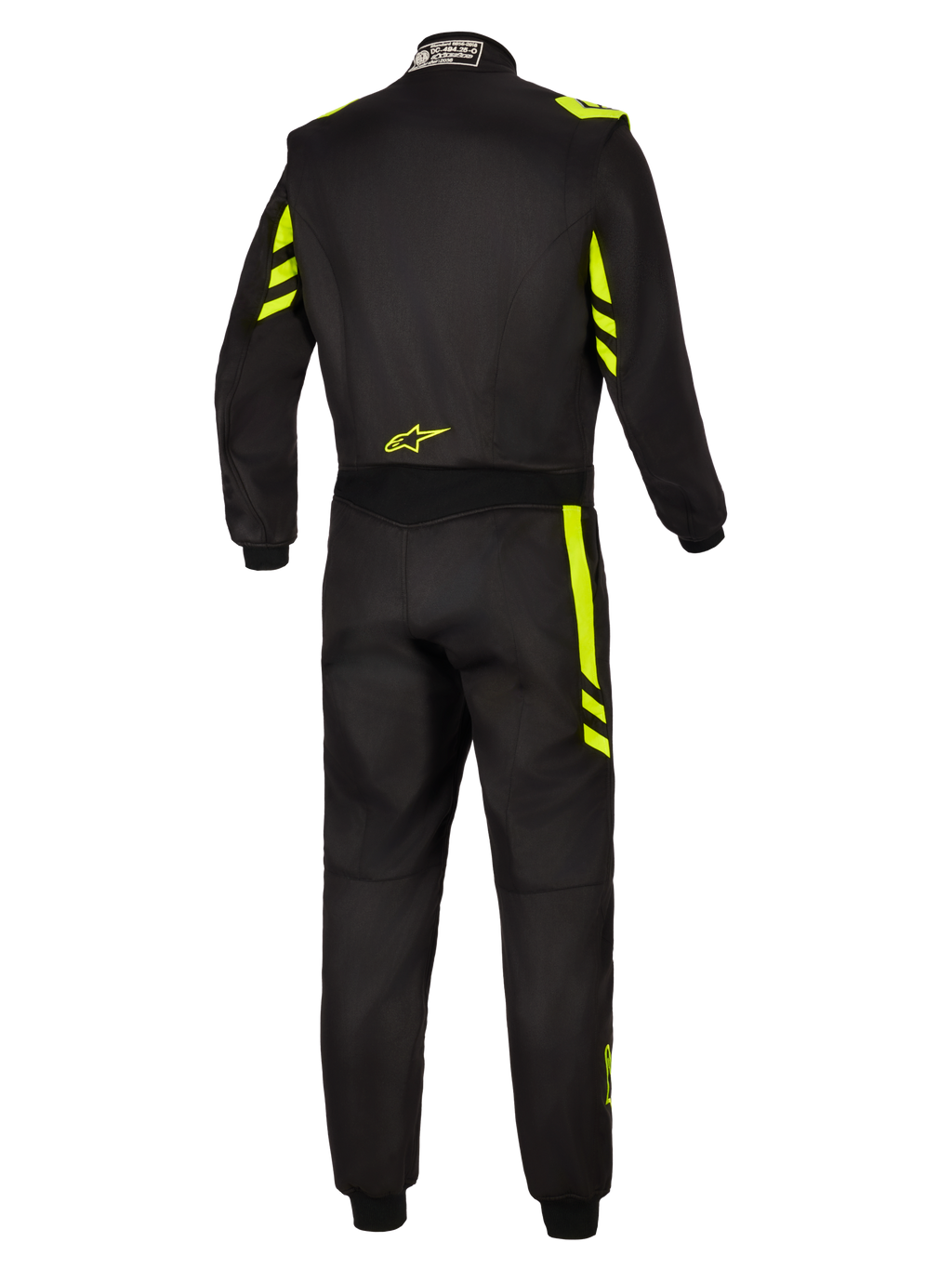 Alpinestars GP Race V3 Suit FIA, kombinezon samochodowy, czarno-żółty fluo, widok z tyłu pokazujący fluorescencyjne żółte akcenty na ramionach i nogawkach, małe żółte logo w dolnej części pleców i metka z certyfikatem FIA na kołnierzu.