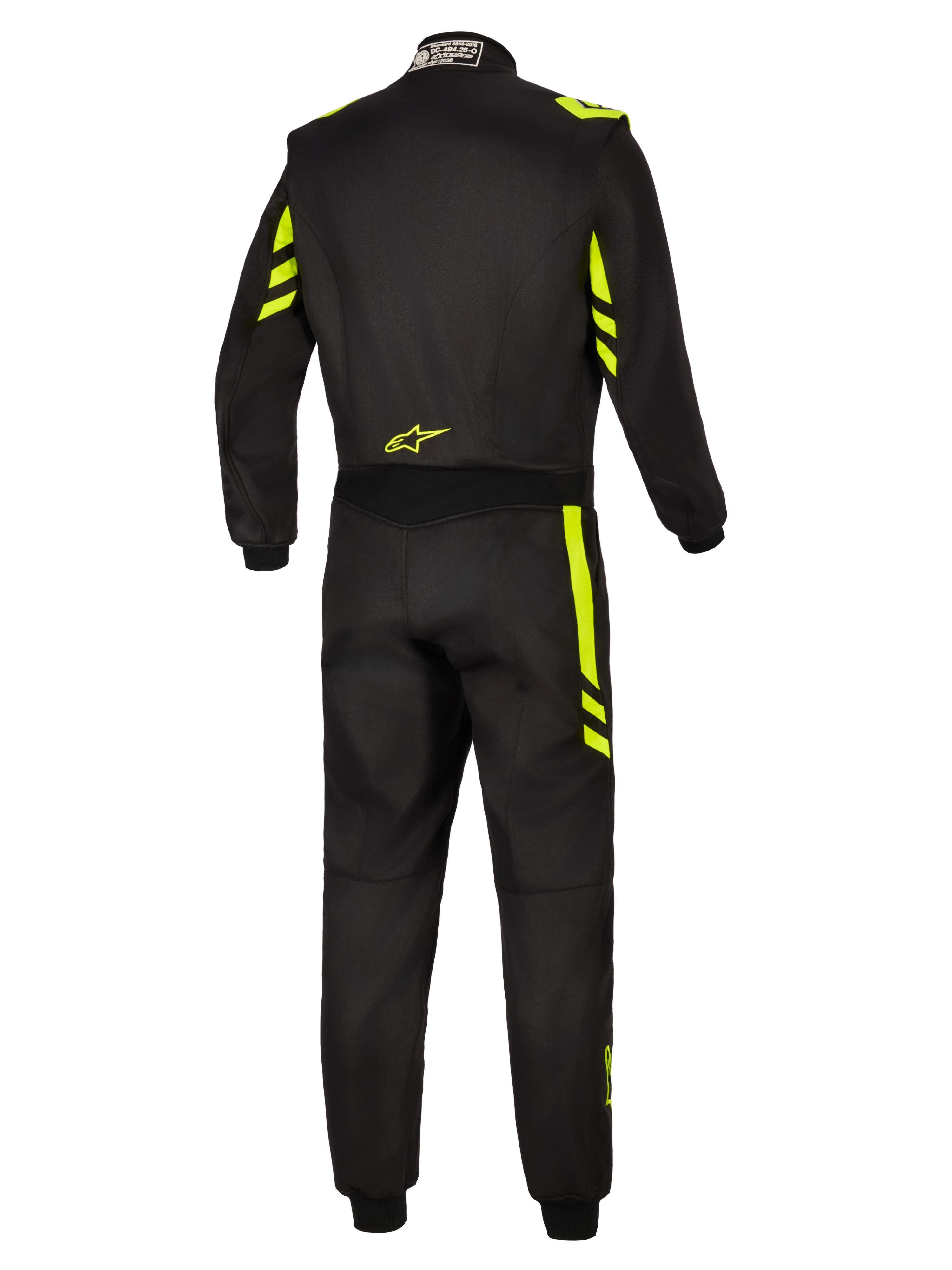 Alpinestars GP Race V3 Suit FIA, kombinezon samochodowy, czarno-żółty fluo, widok z tyłu pokazujący fluorescencyjne żółte akcenty na ramionach i nogawkach, małe żółte logo w dolnej części pleców i metka z certyfikatem FIA na kołnierzu.