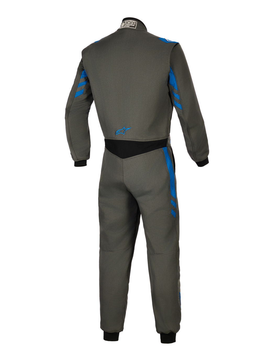Alpinestars GP Race V3 Suit FIA, kombinezon wyścigowy, Anthracite Blue, widok z tyłu przedstawiający szarą konstrukcję tekstylną z niebieskimi paskami, czarny elastyczny panel w dolnej części pleców i małe niebieskie logo, profesjonalna odzież ochronna do sportów motorowych