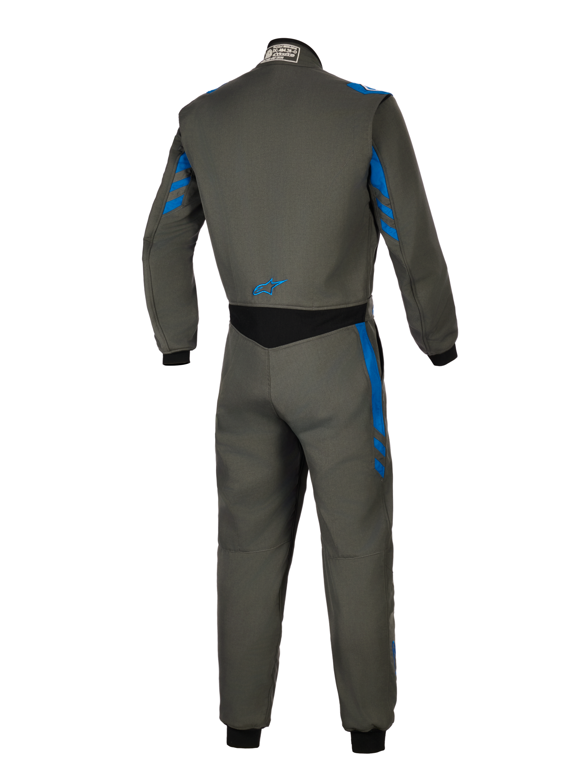 Alpinestars GP Race V3 Suit FIA, Auto Racing Suit, Anthracite Blue, back view showing grey textile construction with blue stripe accents, black stretch panel on the lower back, and small blue logo, professional motorsport safety gear