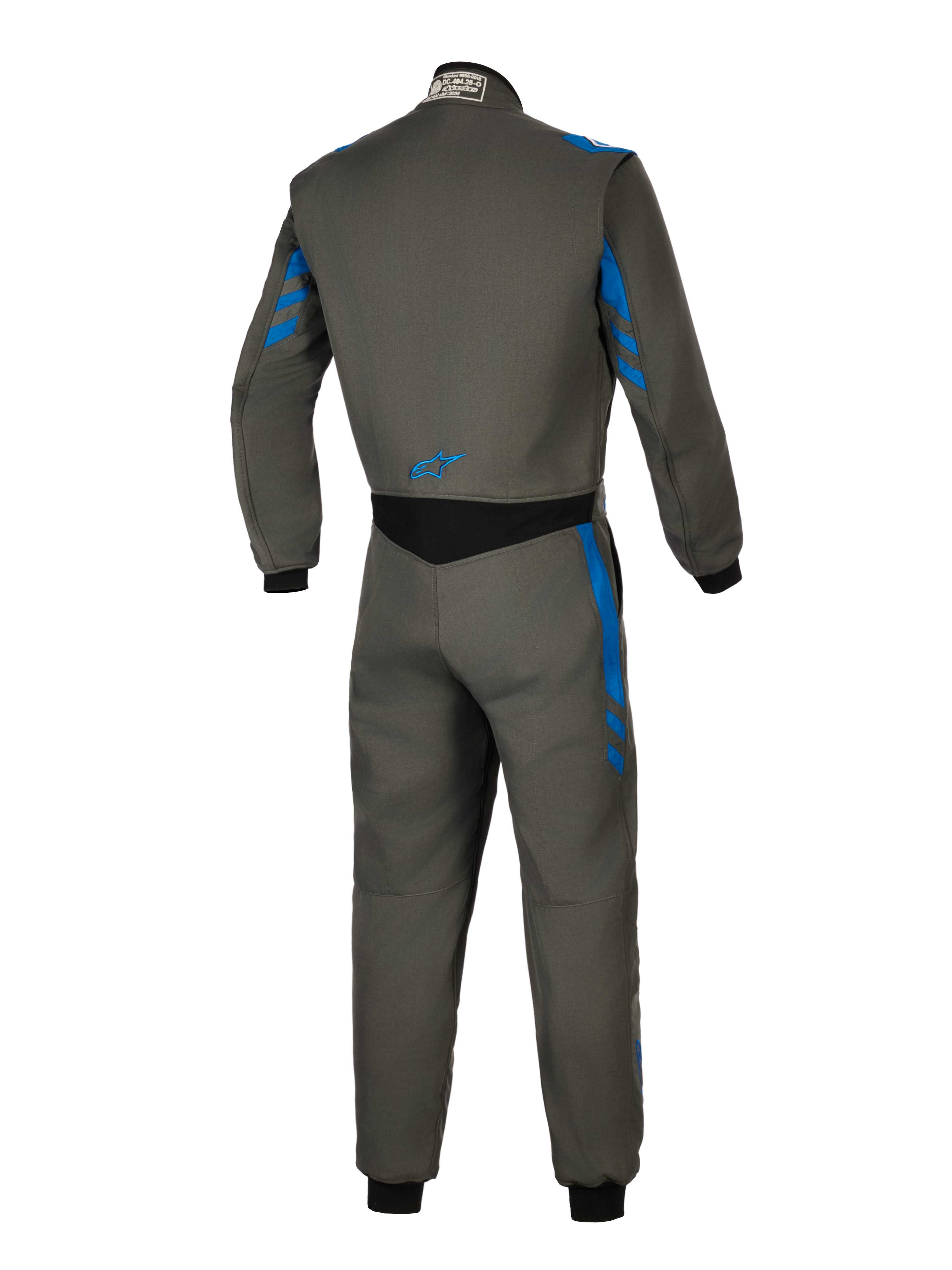 Alpinestars GP Race V3 Suit FIA, kombinezon wyścigowy, Anthracite Blue, widok z tyłu przedstawiający szarą konstrukcję tekstylną z niebieskimi paskami, czarny elastyczny panel w dolnej części pleców i małe niebieskie logo, profesjonalna odzież ochronna do sportów motorowych