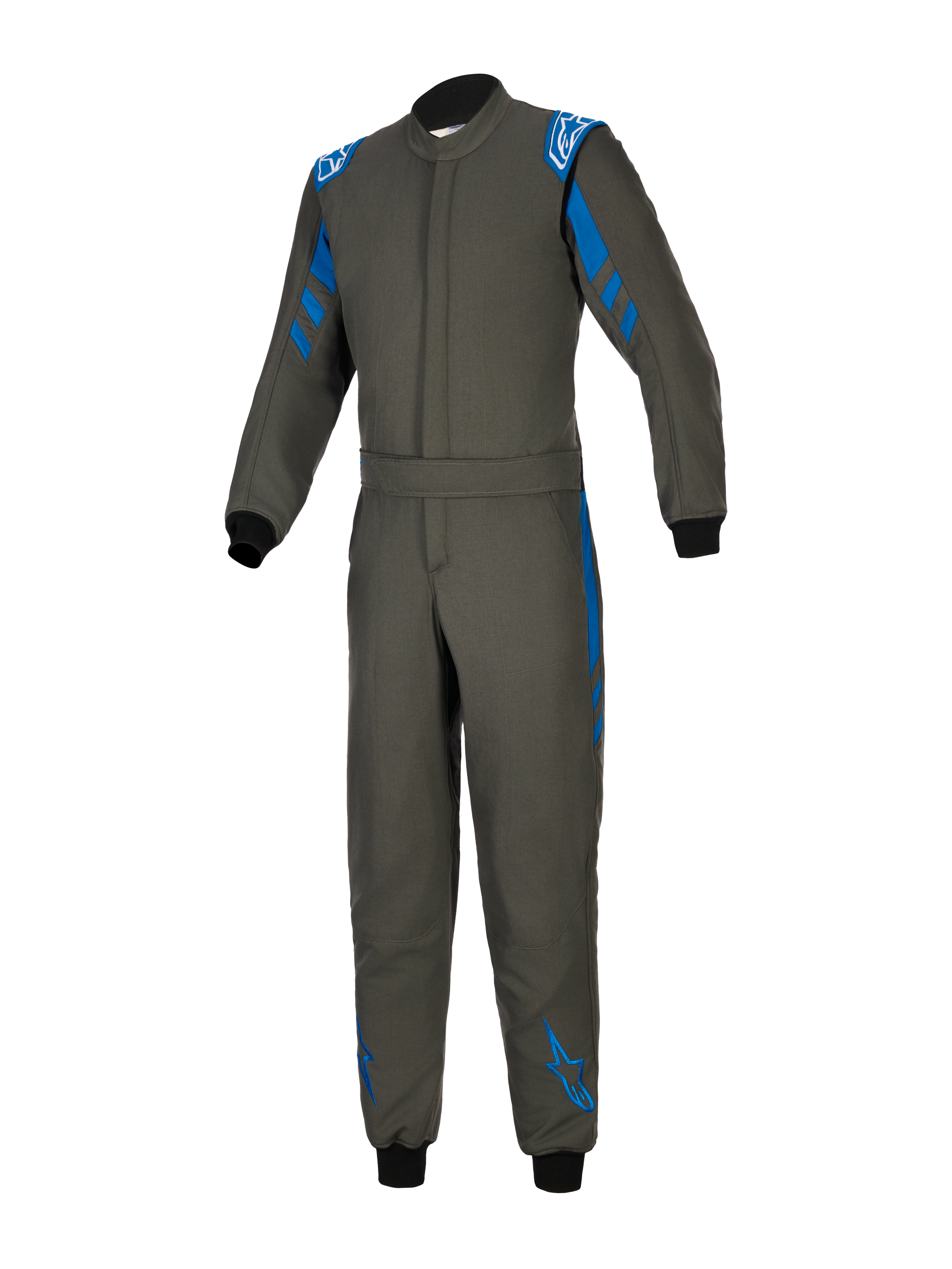 Alpinestars GP Race V3 Suit FIA, samochodowy kombinezon wyścigowy, antracytowo-niebieski z niebieskimi akcentami na ramionach i nogawkach, białe logo Alpinestars, czarne prążkowane mankiety, regulowany pas w talii, profesjonalna odzież ochronna do sportów motorowych