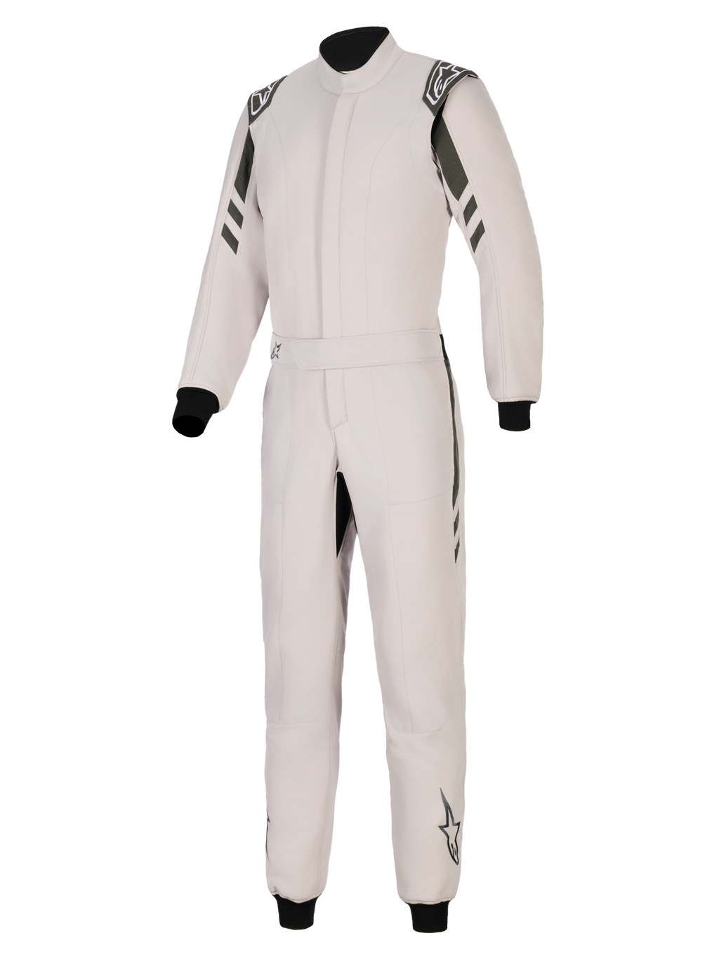 Alpinestars GP Race V3 Suit FIA, kombinezon samochodowy, Silver Anthracite, jednoczęściowa konstrukcja z ciemnoantracytowymi akcentami na ramionach i nogawkach, posiada pasek w talii, czarne ściągacze przy nadgarstkach i kostkach oraz logo Alpinestars na epoletach i dolnej części nogawek