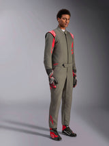 Alpinestars GP Race V3 Suit FIA, Anthracite Red auto racing suit, worn with matching racing gloves and shoes, featuring red shoulder epaulettes and branding, sleek two-layer technical design for motorsport