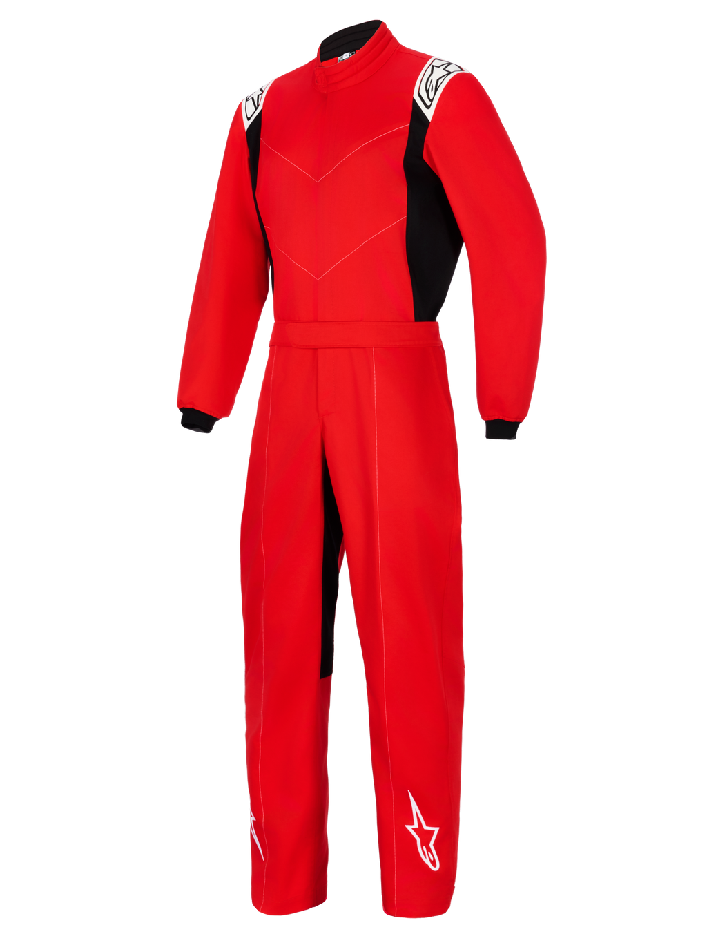Alpinestars Kart Indoor V2 Suit, czerwony jednoczęściowy kombinezon kartingowy, czarne panele boczne, białe logo na ramionach i dolnej części nogawek, wysoki kołnierz i elastyczny pas, przeznaczony do kartingu rekreacyjnego