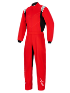 Alpinestars Kart Indoor V2 Suit, czerwony jednoczęściowy kombinezon kartingowy, czarne panele boczne, białe logo na ramionach i dolnej części nogawek, wysoki kołnierz i elastyczny pas, przeznaczony do kartingu rekreacyjnego