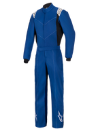 Alpinestars Kart Indoor V2 Suit, niebieski jednoczęściowy kombinezon kartingowy, białe logo na ramionach i dolnej części nogawek, czarne panele boczne i mankiety, wytrzymała jednowarstwowa konstrukcja z kepru polibawełnianego do kartingu rekreacyjnego
