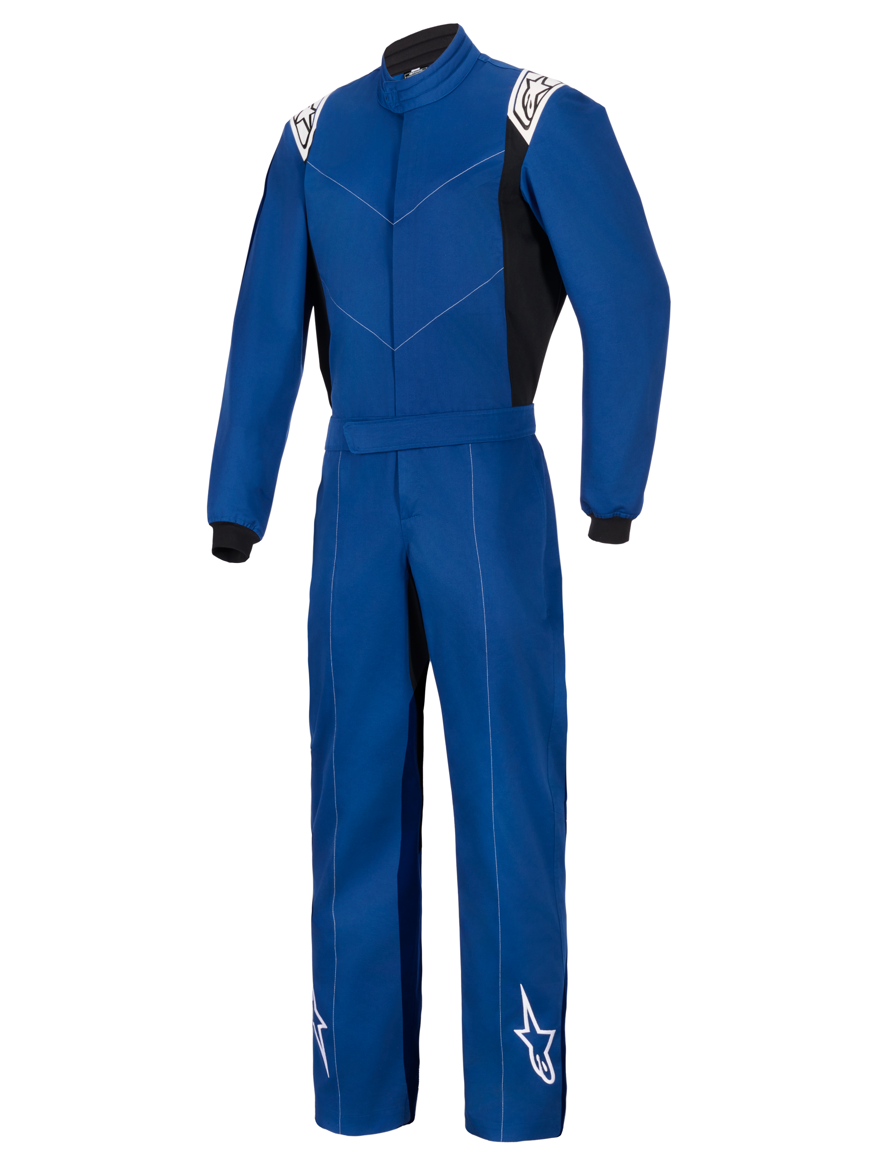 Alpinestars Kart Indoor V2 Suit, niebieski jednoczęściowy kombinezon kartingowy, białe logo na ramionach i dolnej części nogawek, czarne panele boczne i mankiety, wytrzymała jednowarstwowa konstrukcja z kepru polibawełnianego do kartingu rekreacyjnego