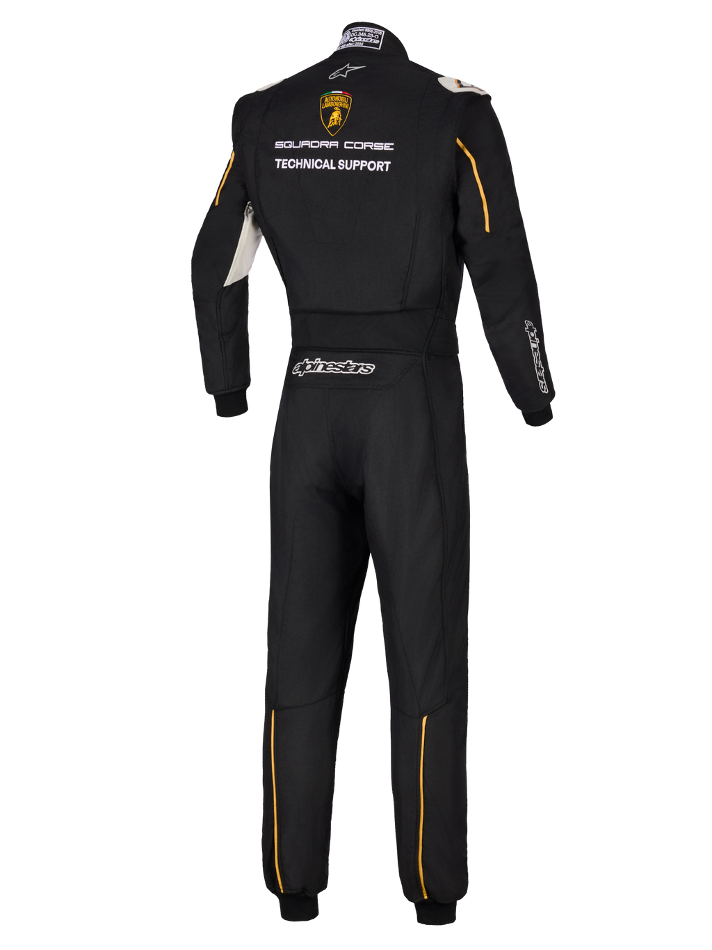 Alpinestars Limited Edition Lamborghini GP Tech V4 Suit FIA, widok z tyłu profesjonalnego czarnego kombinezonu wyścigowego, logo Lamborghini Squadra Corse i napis Technical Support, złote akcenty i srebrne logo Alpinestars