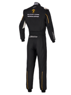 Alpinestars Limited Edition Lamborghini GP Tech V4 Suit FIA, widok z tyłu profesjonalnego czarnego kombinezonu wyścigowego, logo Lamborghini Squadra Corse i napis Technical Support, złote akcenty i srebrne logo Alpinestars
