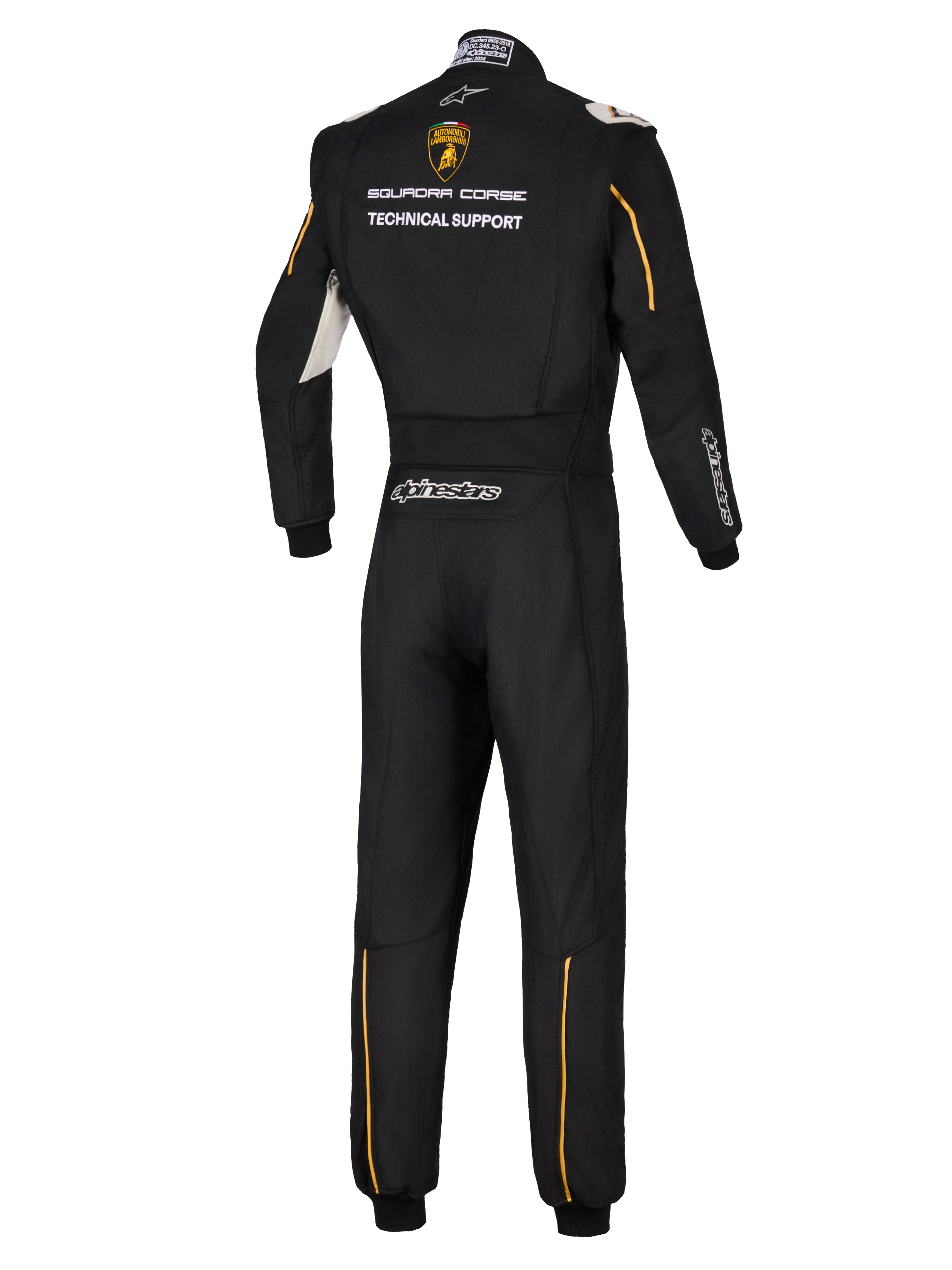 Alpinestars Limited Edition Lamborghini GP Tech V4 Suit FIA, widok z tyłu profesjonalnego czarnego kombinezonu wyścigowego, logo Lamborghini Squadra Corse i napis Technical Support, złote akcenty i srebrne logo Alpinestars