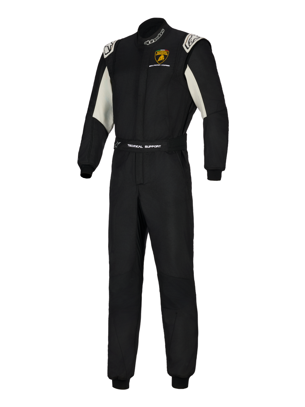Alpinestars Limited Edition Lamborghini GP Tech V4 Suit, profesjonalny kombinezon wyścigowy, czarny ze srebrnymi i białymi akcentami, logo Lamborghini Squadra Corse na piersi, branding „Technical Support” na pasie oraz logo Alpinestars na kołnierzu i ramionach