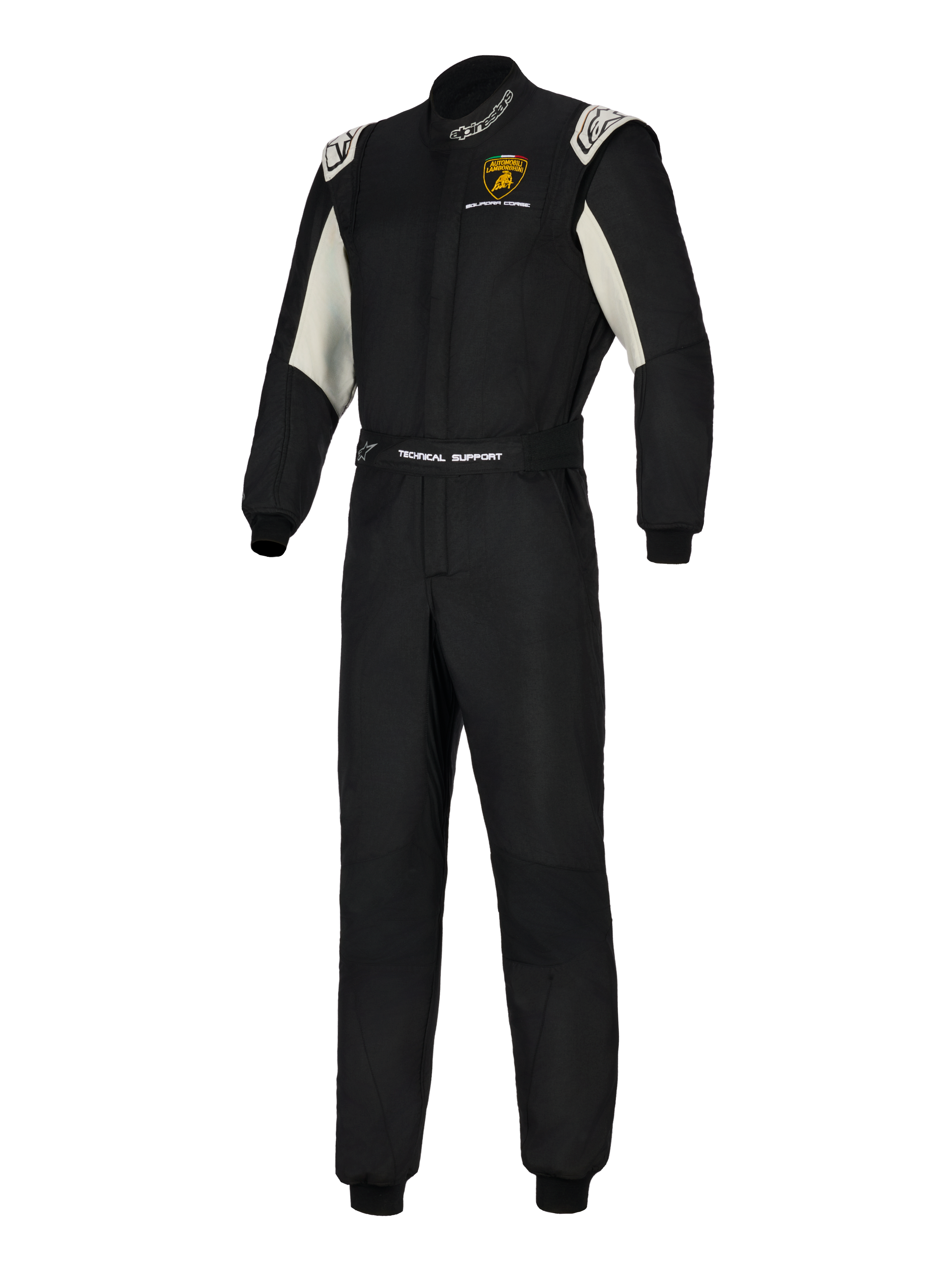 Alpinestars Limited Edition Lamborghini GP Tech V4 Suit, profesjonalny kombinezon wyścigowy, czarny ze srebrnymi i białymi akcentami, logo Lamborghini Squadra Corse na piersi, branding „Technical Support” na pasie oraz logo Alpinestars na kołnierzu i ramionach