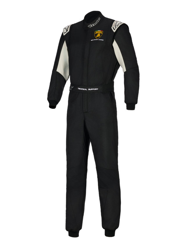 Alpinestars Limited Edition Lamborghini GP Tech V4 Suit, Professional Auto Racing Suit, Black with Silver and White accents, featuring the Lamborghini Squadra Corse logo on the chest, 'Technical Support' branding on the belt, and Alpinestars logos on the collar and shoulders.
