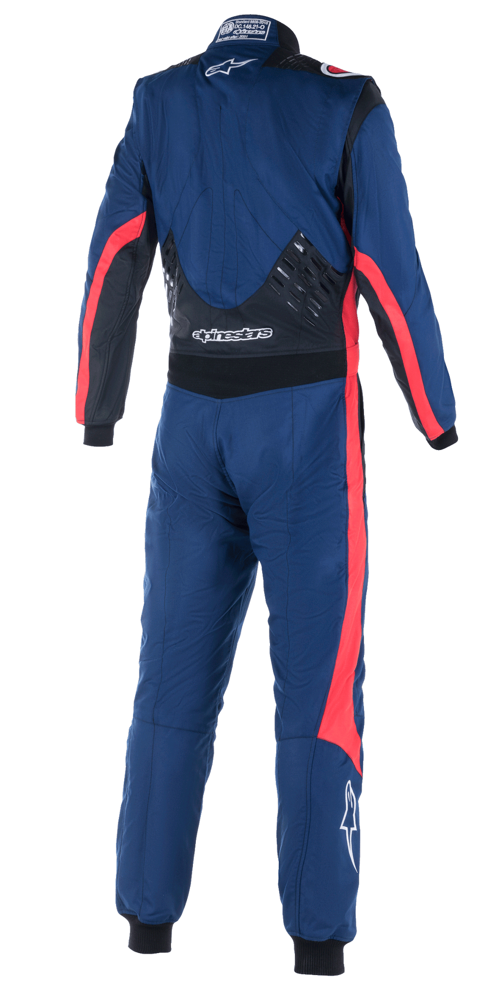 Kombinezon Alpinestars GP Pro Comp V2 FIA, widok z tyłu jednoczęściowego kombinezonu samochodowego, granatowy z czarnymi i czerwonymi akcentami, silikonowe panele w dolnej części pleców, czerwone pasy na rękawach i nogawkach, białe logo Alpinestars, profesjonalna odzież wyścigowa