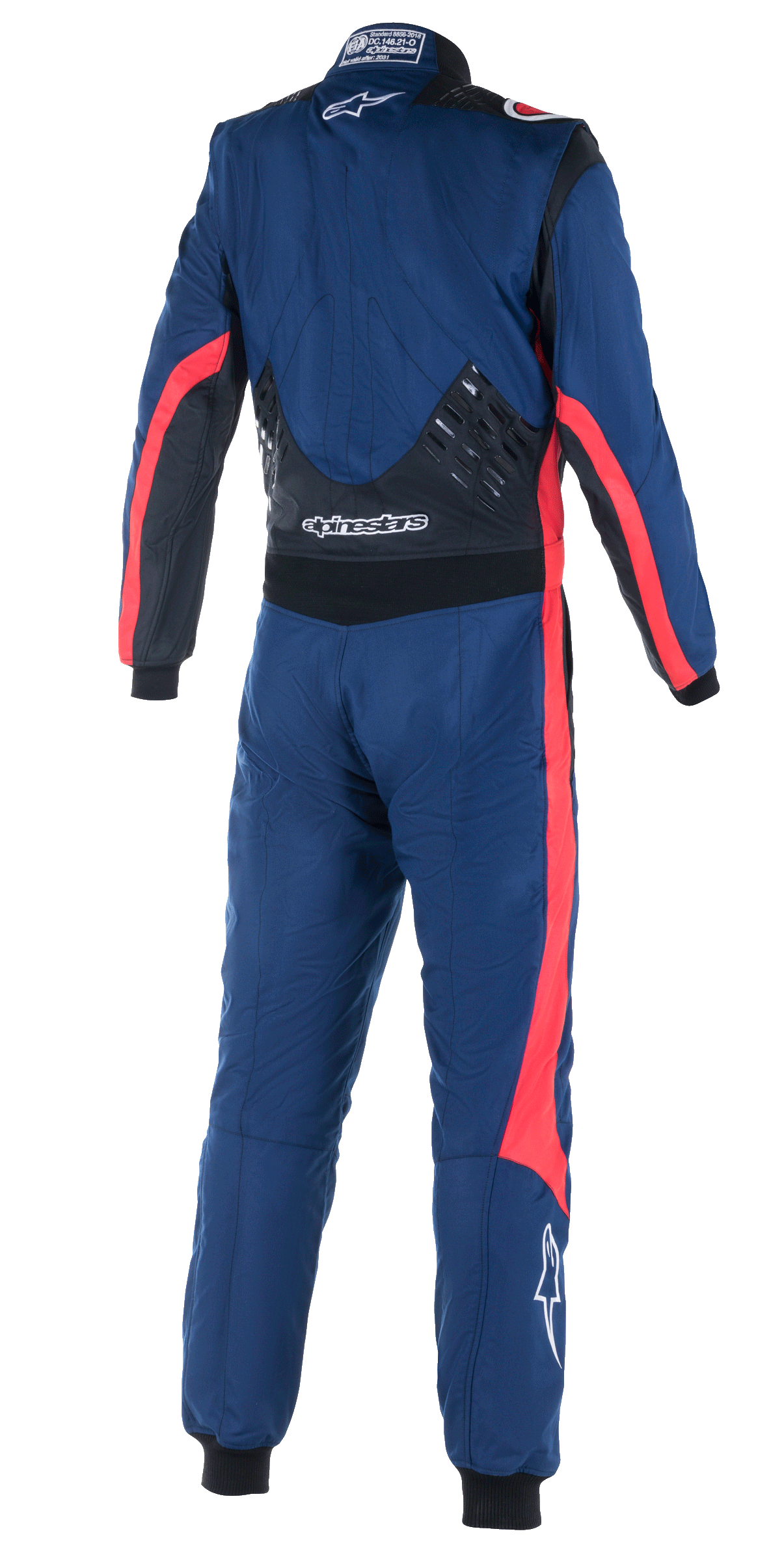 Kombinezon Alpinestars GP Pro Comp V2 FIA, widok z tyłu jednoczęściowego kombinezonu samochodowego, granatowy z czarnymi i czerwonymi akcentami, silikonowe panele w dolnej części pleców, czerwone pasy na rękawach i nogawkach, białe logo Alpinestars, profesjonalna odzież wyścigowa