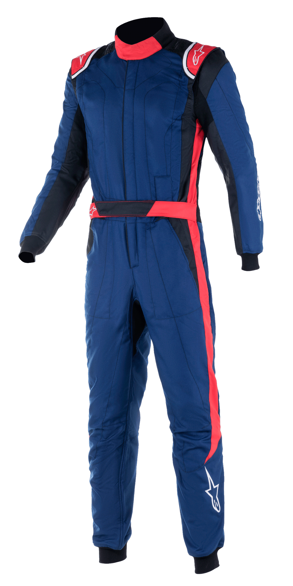 Alpinestars GP Pro Comp V2 FIA Suit, profesjonalny jednoczęściowy kombinezon wyścigowy, granatowy z czerwonymi i czarnymi akcentami, z czerwonymi pagonami, wysokim kołnierzem i czerwonym pasem wzdłuż nogawki, ochronny sprzęt motorsportowy