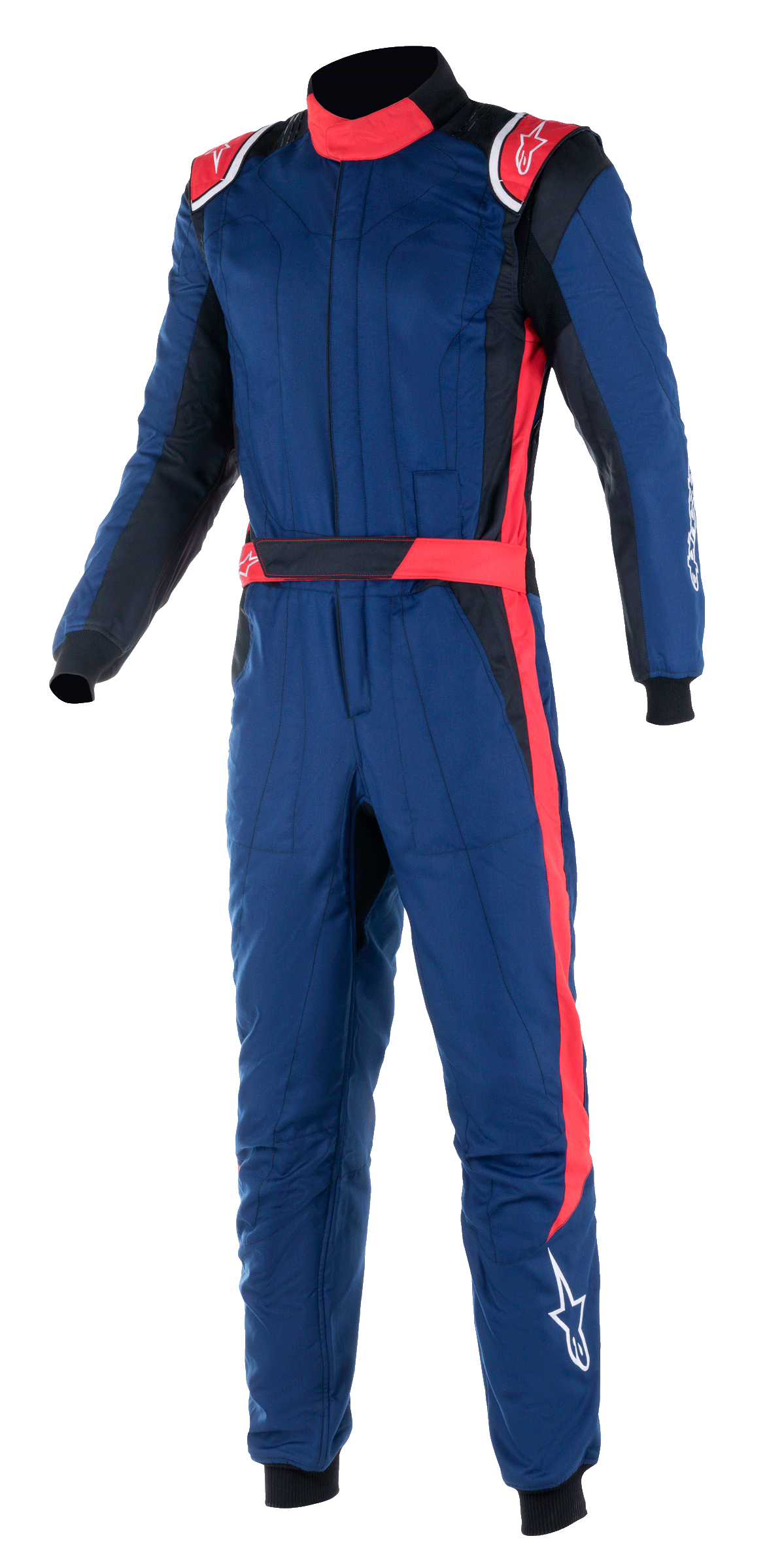 Alpinestars GP Pro Comp V2 FIA Suit, profesjonalny jednoczęściowy kombinezon wyścigowy, granatowy z czerwonymi i czarnymi akcentami, z czerwonymi pagonami, wysokim kołnierzem i czerwonym pasem wzdłuż nogawki, ochronny sprzęt motorsportowy