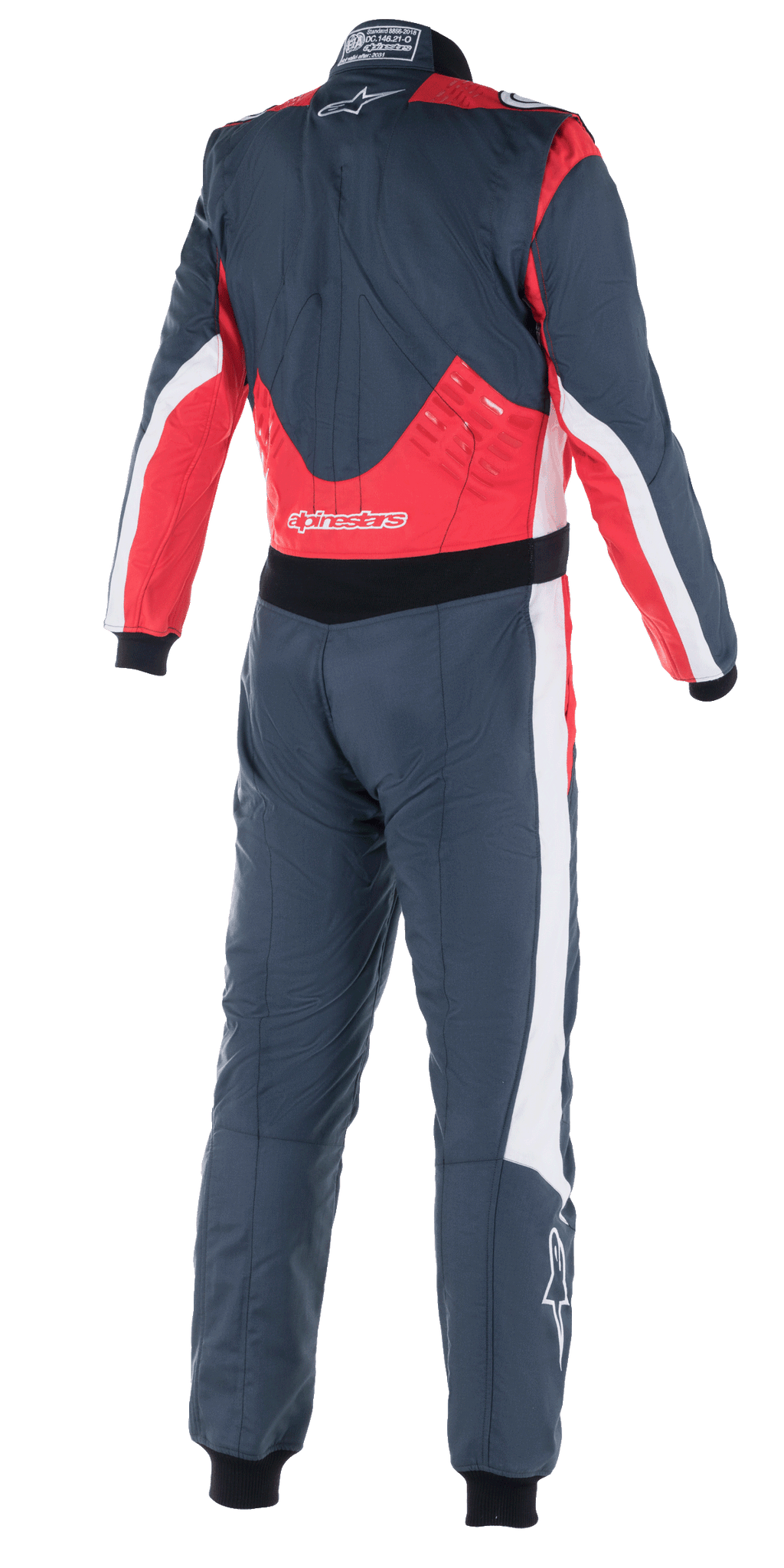 Alpinestars GP Pro Comp V2 FIA Suit, kombinezon samochodowy, kolor asfaltowy, czerwony i biały, widok z tyłu z czerwonymi panelami na dolnej części pleców i ramionach, białe akcenty po bokach, logo Alpinestars