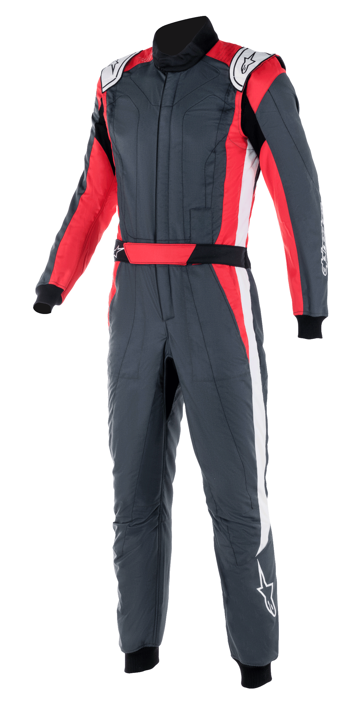 Alpinestars GP Pro Comp V2 FIA Suit, kombinezon wyścigowy, szary asfaltowy z czerwonymi i białymi akcentami, wysoki kołnierz, zintegrowany czerwony pas w talii, białe paski boczne, profesjonalna odzież ochronna do sportów motorowych