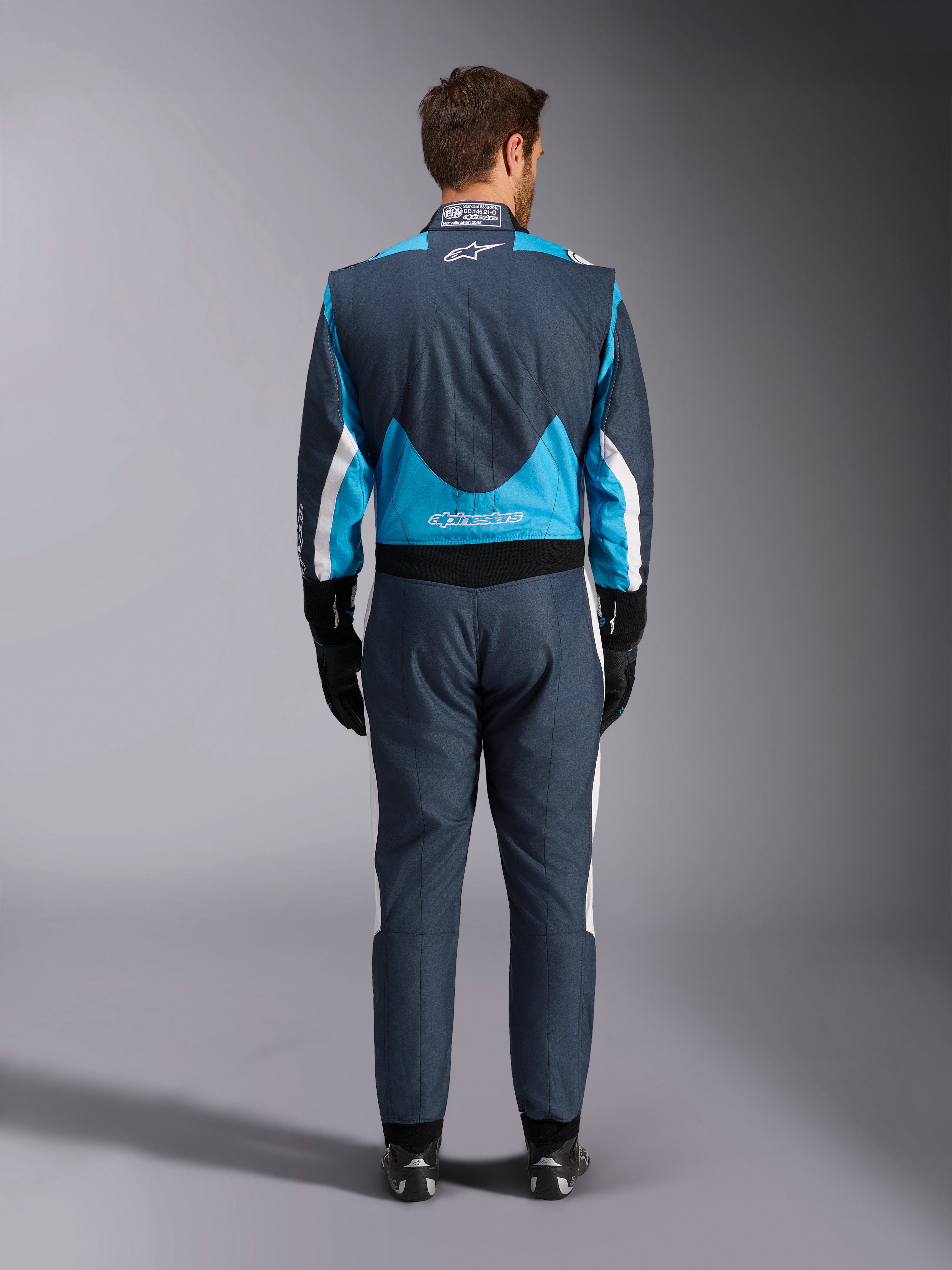 Alpinestars GP Pro Comp V2 FIA Men's Auto Racing Suit in Asphalt Cyan White, back view, professional racing protection.