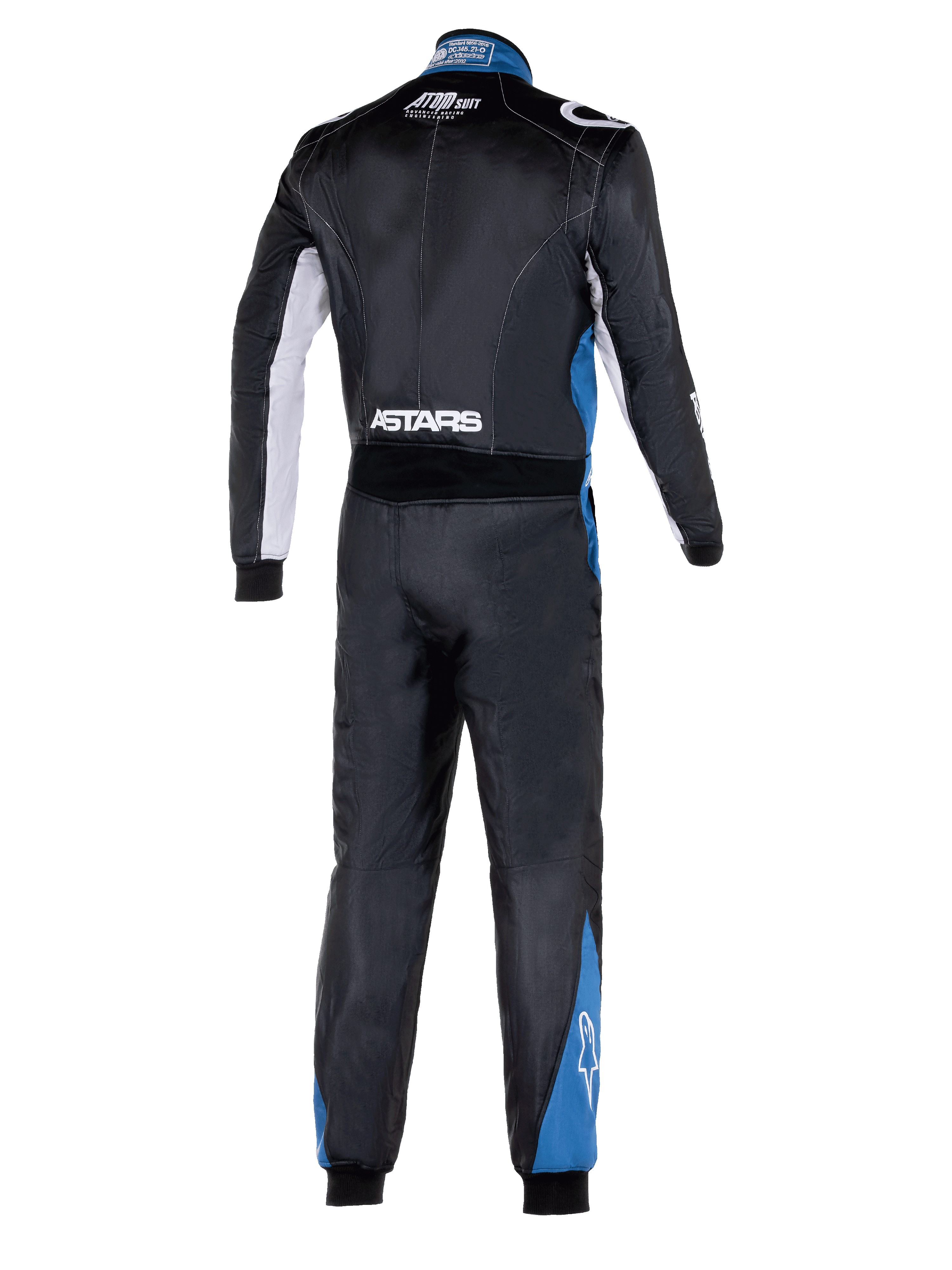 Alpinestars Atom Graphic 4 Suit, widok z tyłu na całą sylwetkę, samochodowy kombinezon wyścigowy, czarny ze srebrnymi i niebieskimi akcentami, biały napis ASTARS w pasie, niebieskie panele na nogawkach, profesjonalna odzież ochronna do sportów motorowych z certyfikatem FIA