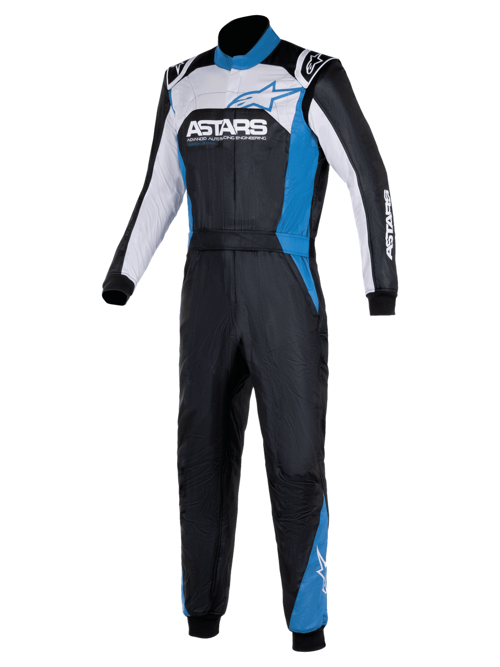 Kombinezon Alpinestars Atom Graphic 4, jednoczęściowy samochodowy kombinezon wyścigowy, czarny, srebrny i niebieski, z wyraźnym logo ASTARS na klatce piersiowej, białymi i niebieskimi panelami, wysokim kołnierzem i żebrowanymi mankietami, profesjonalna odzież ochronna do motorsportu