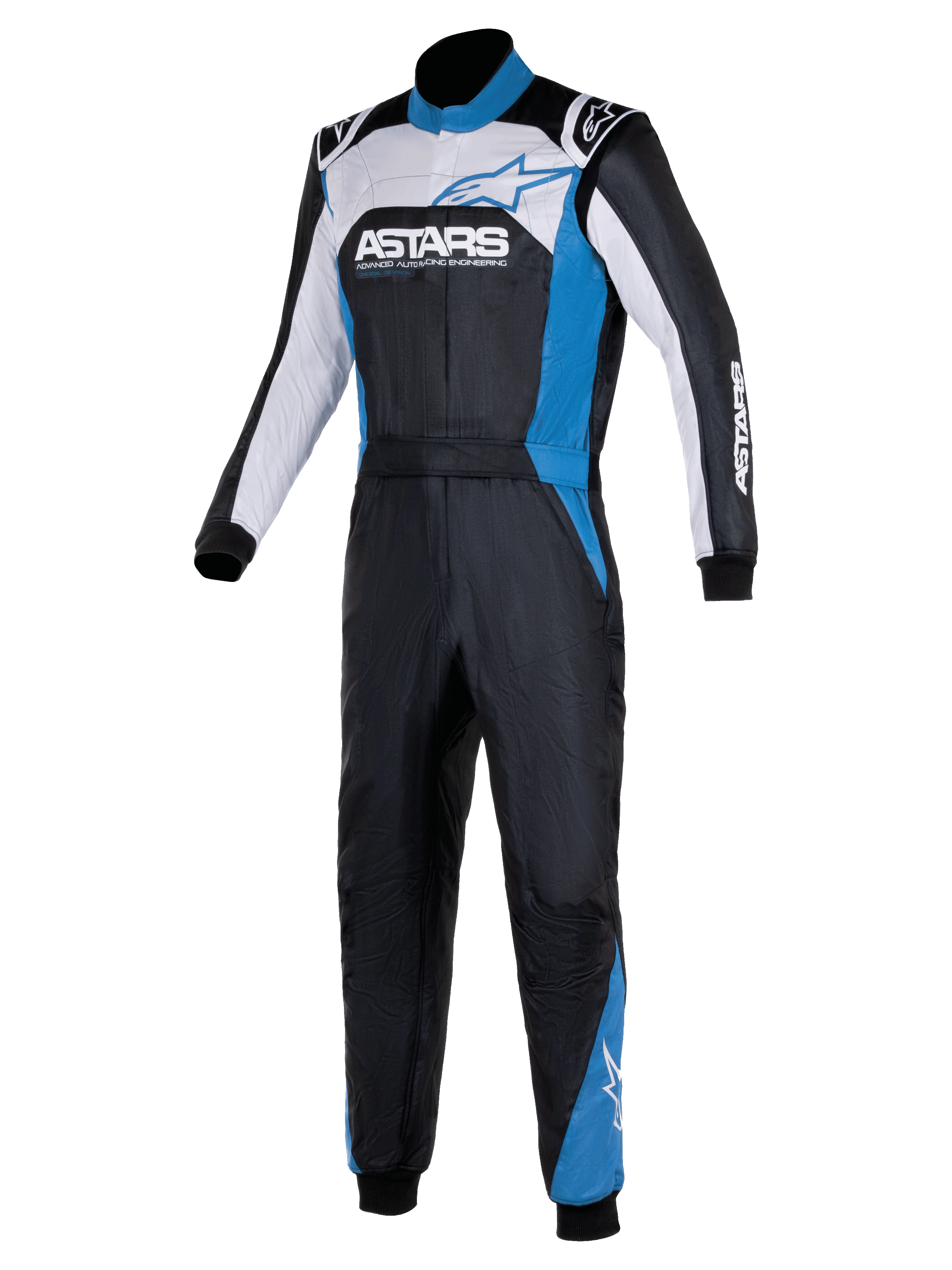 Kombinezon Alpinestars Atom Graphic 4, jednoczęściowy samochodowy kombinezon wyścigowy, czarny, srebrny i niebieski, z wyraźnym logo ASTARS na klatce piersiowej, białymi i niebieskimi panelami, wysokim kołnierzem i żebrowanymi mankietami, profesjonalna odzież ochronna do motorsportu