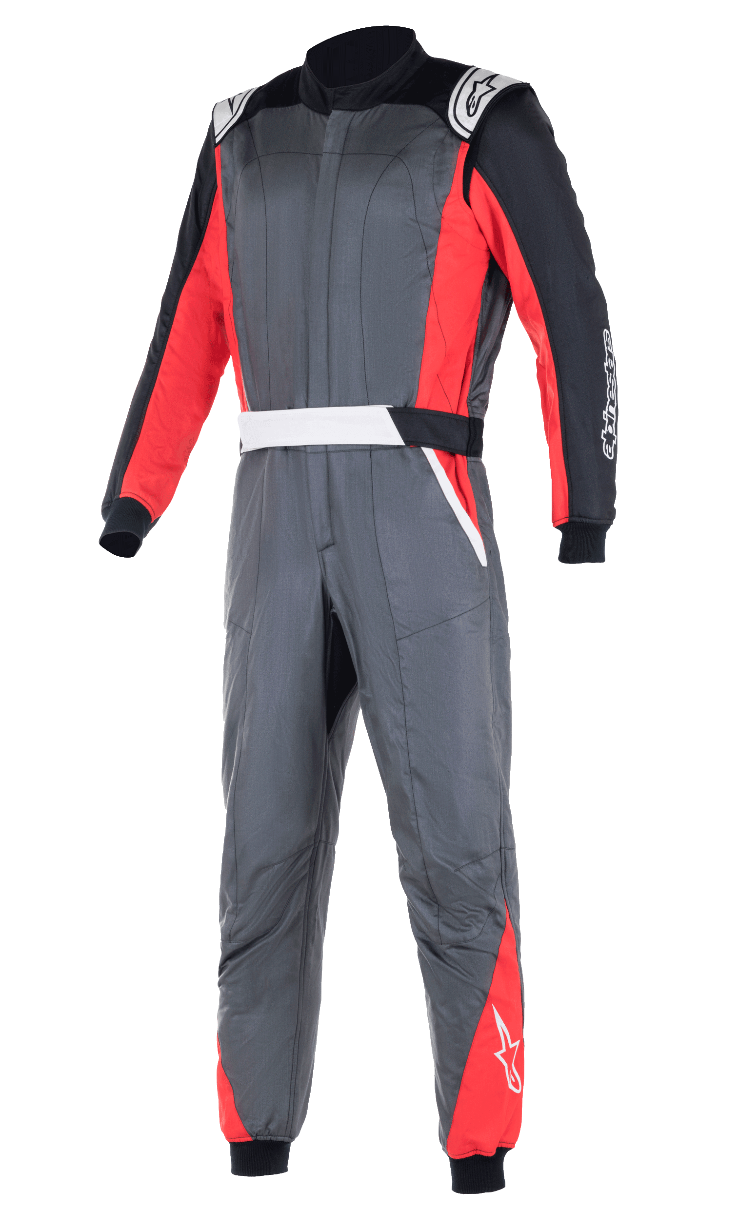Alpinestars Atom FIA Suit, profesjonalny kombinezon wyścigowy, antracytowy szary z czerwonymi i czarnymi panelami, białe naramienniki i logo marki, dwuwarstwowa konstrukcja zapewniająca ochronę przed wysoką temperaturą i płomieniami